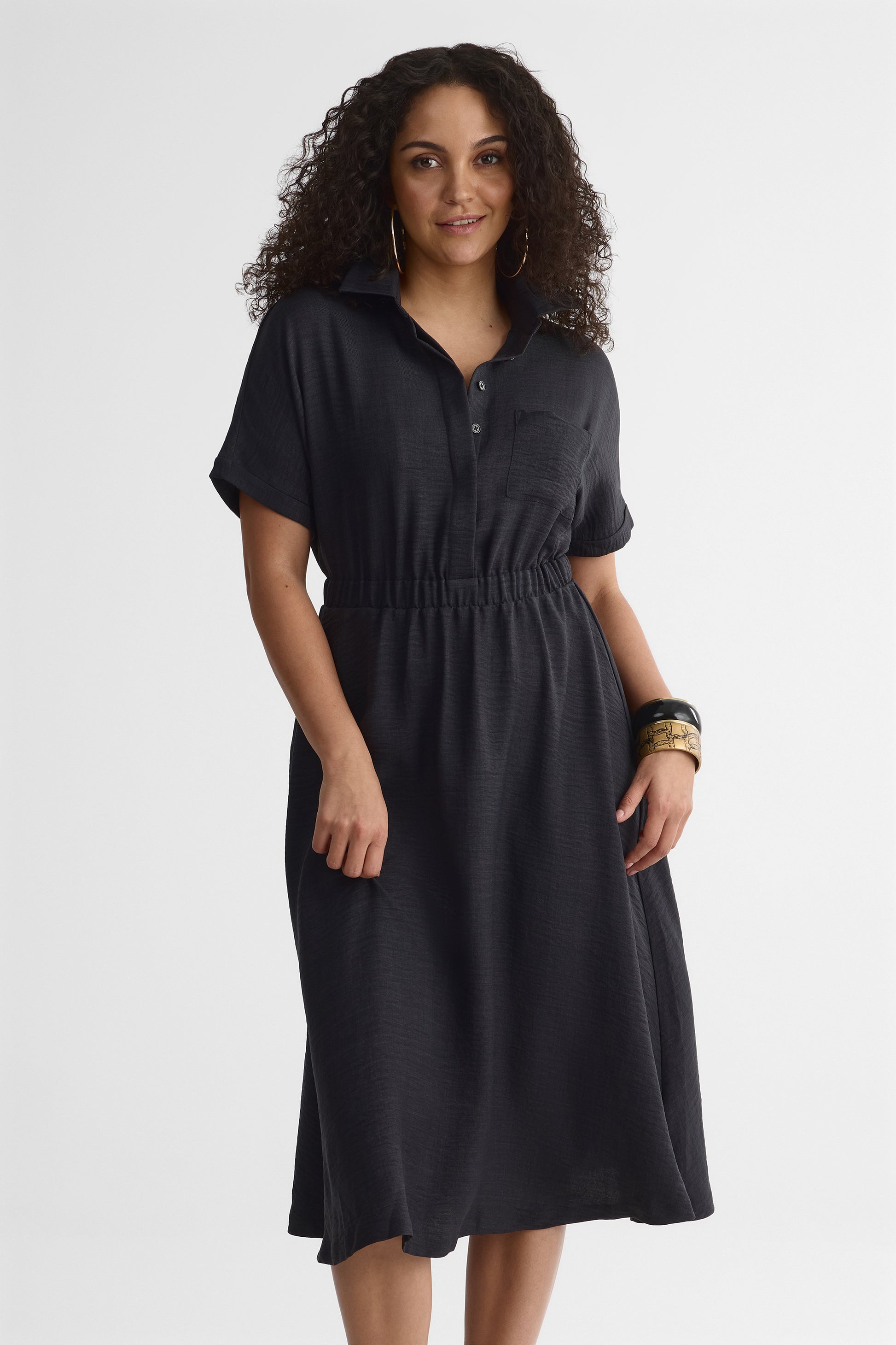 Robe midi col chemisier en chambray - Femme && CHARBON