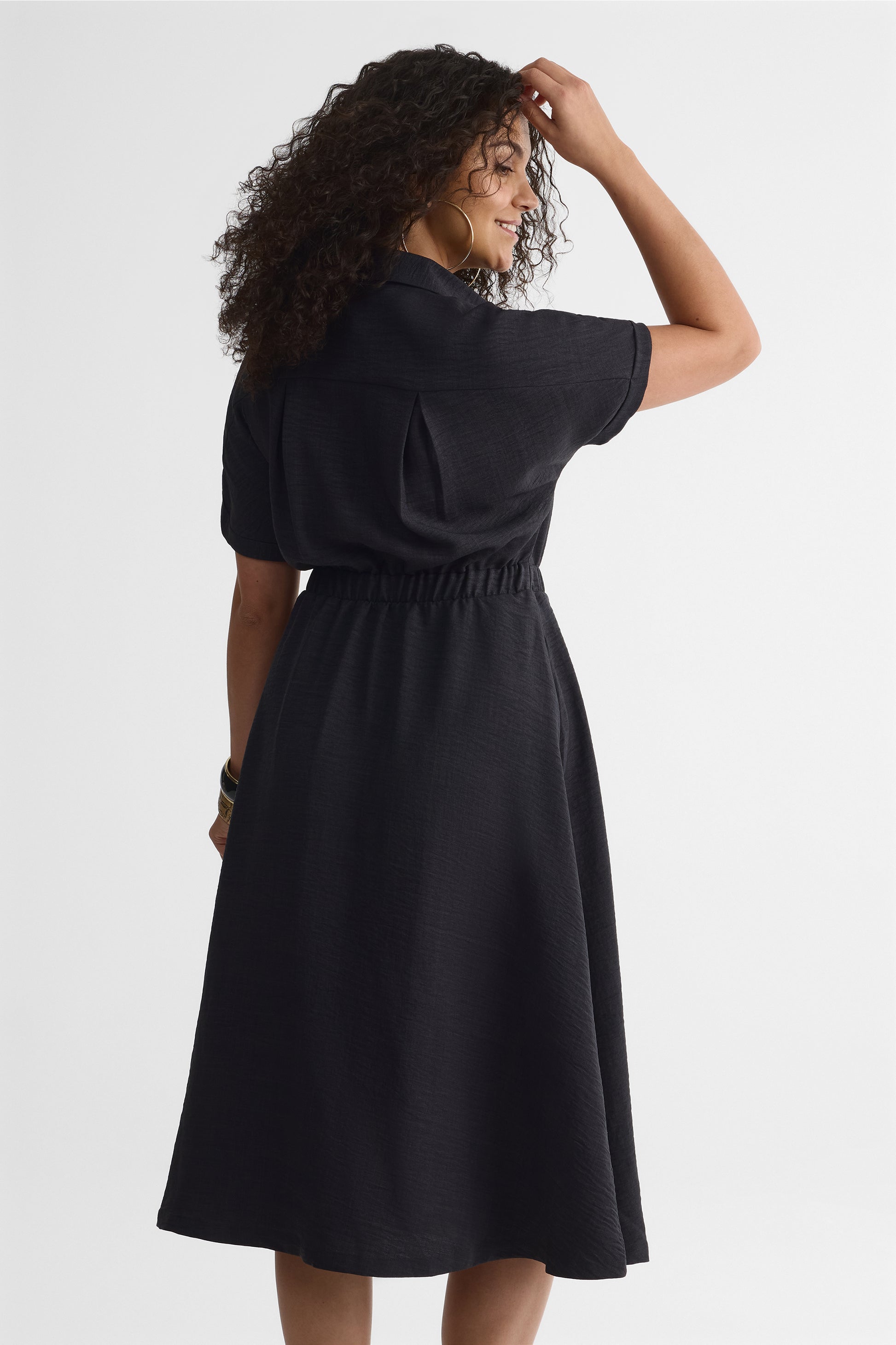 Robe midi col chemisier en chambray - Femme && CHARBON