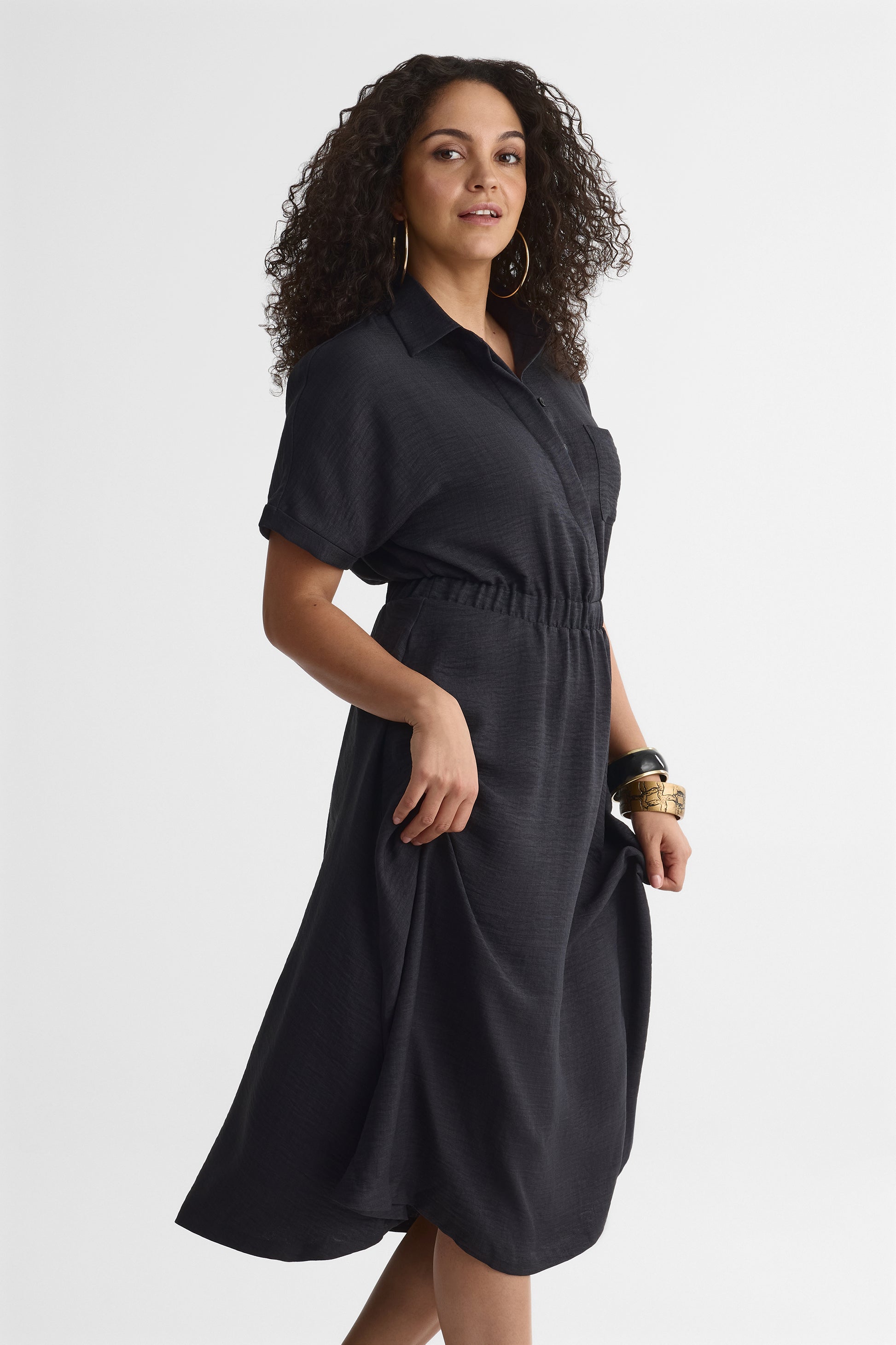 Robe midi col chemisier en chambray - Femme && CHARBON