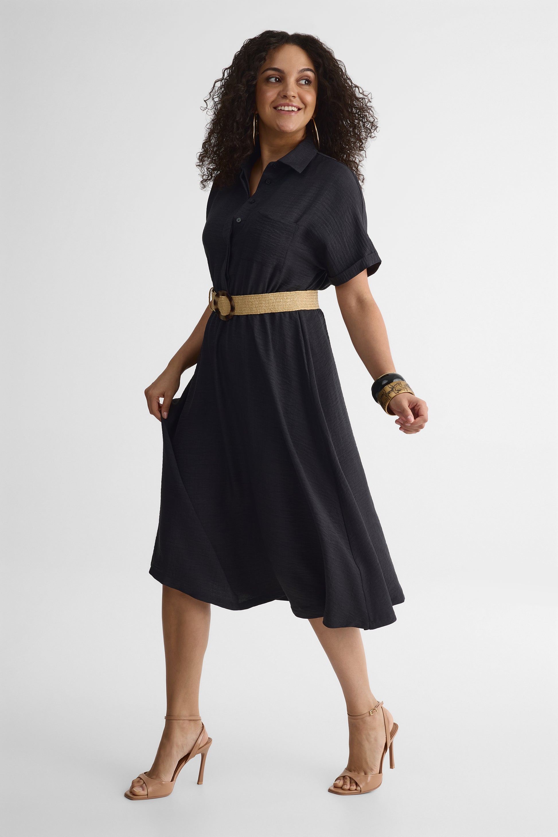 Robe midi col chemisier en chambray - Femme && CHARBON