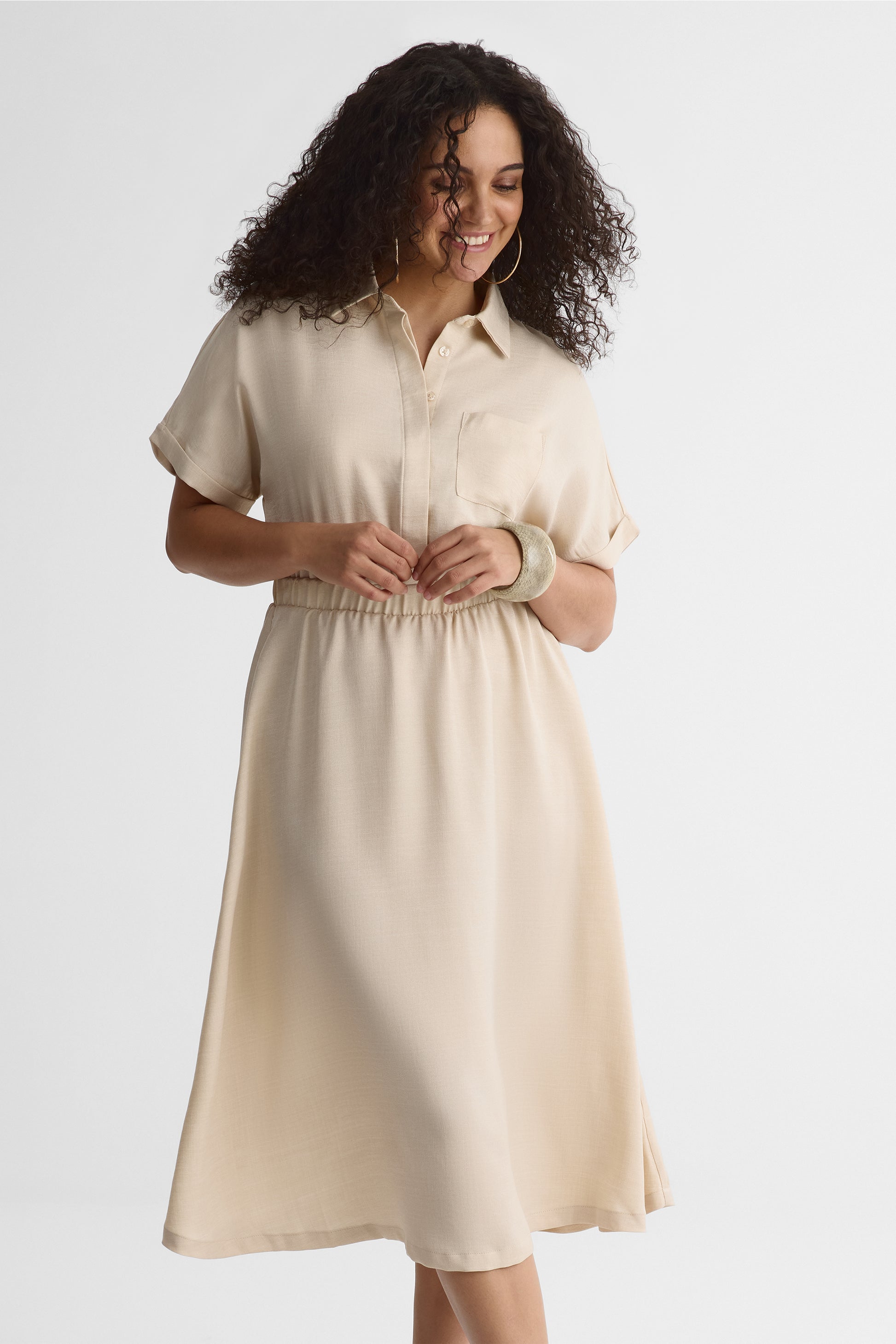 Robe midi col chemisier en chambray - Femme && BLANC CASSÉ