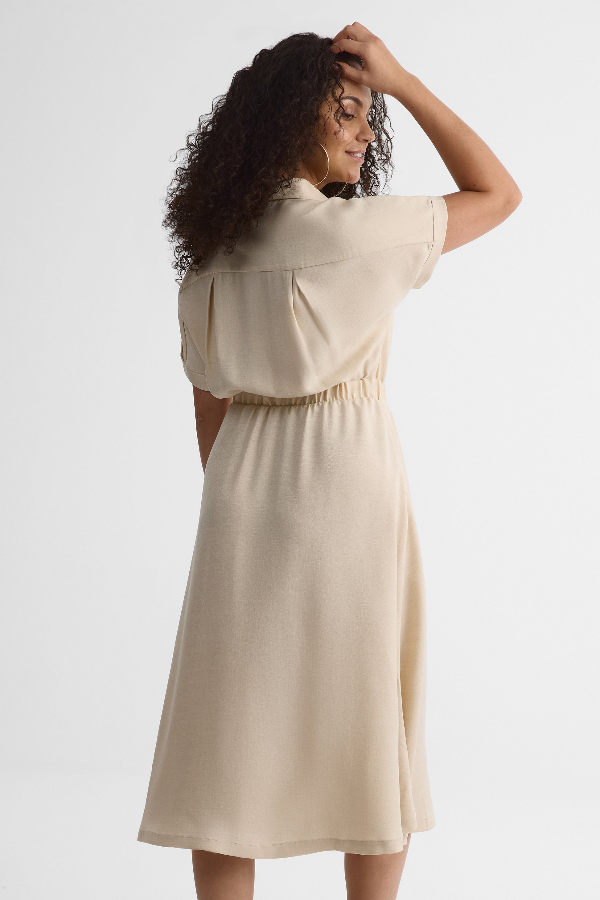 Robe midi col chemisier en chambray - Femme && BLANC CASSÉ