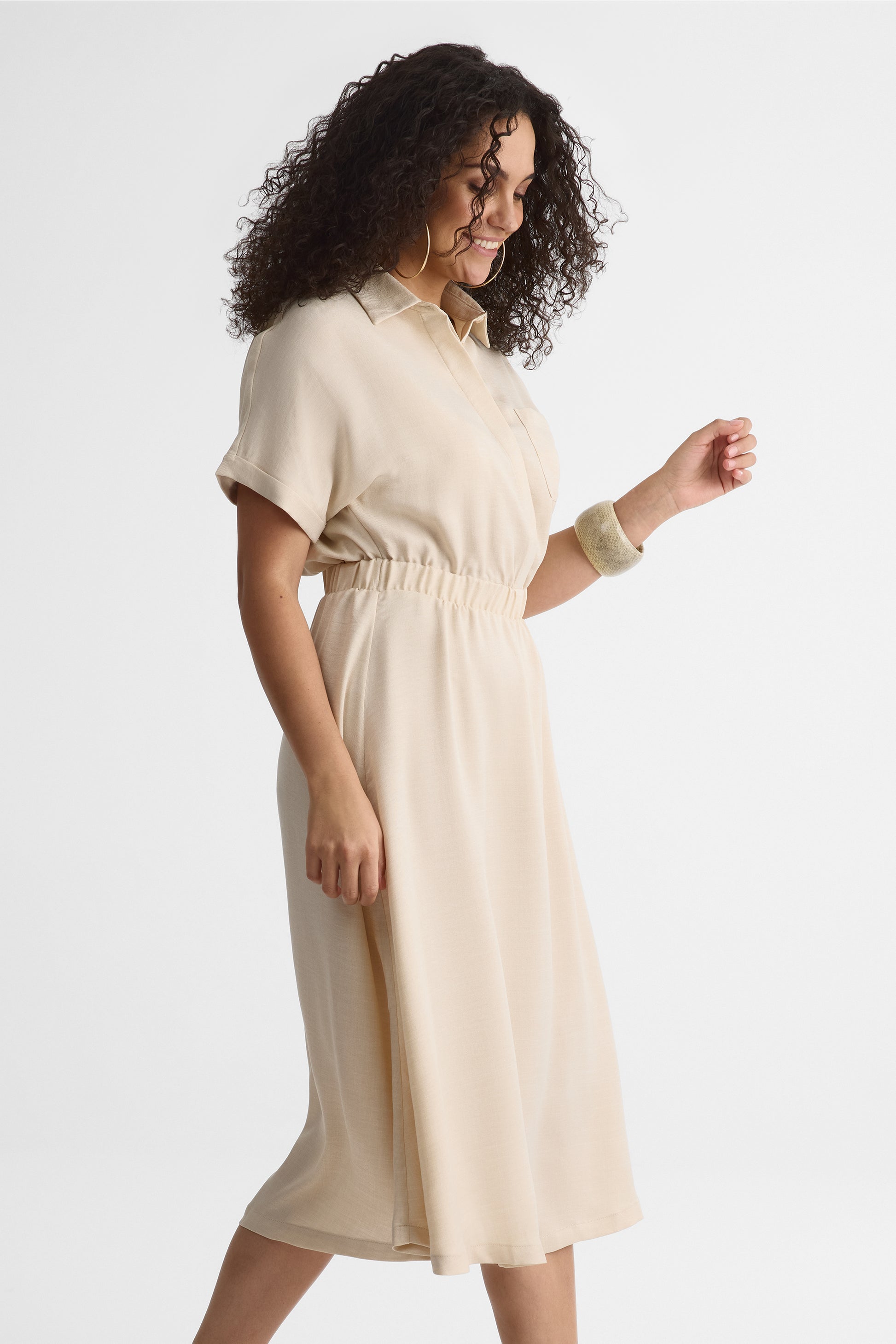 Robe midi col chemisier en chambray - Femme && BLANC CASSÉ