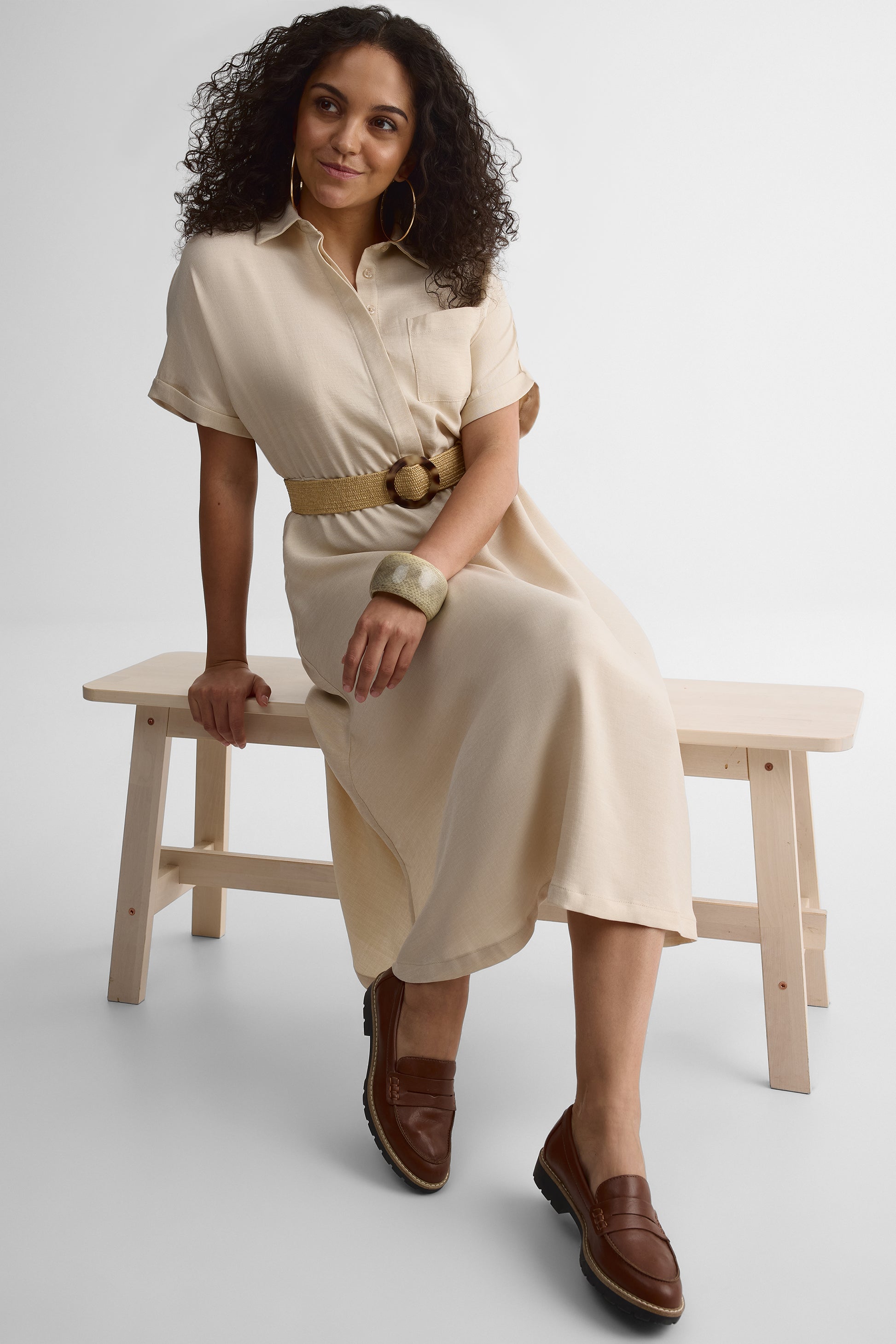 Robe midi col chemisier en chambray - Femme && BLANC CASSÉ