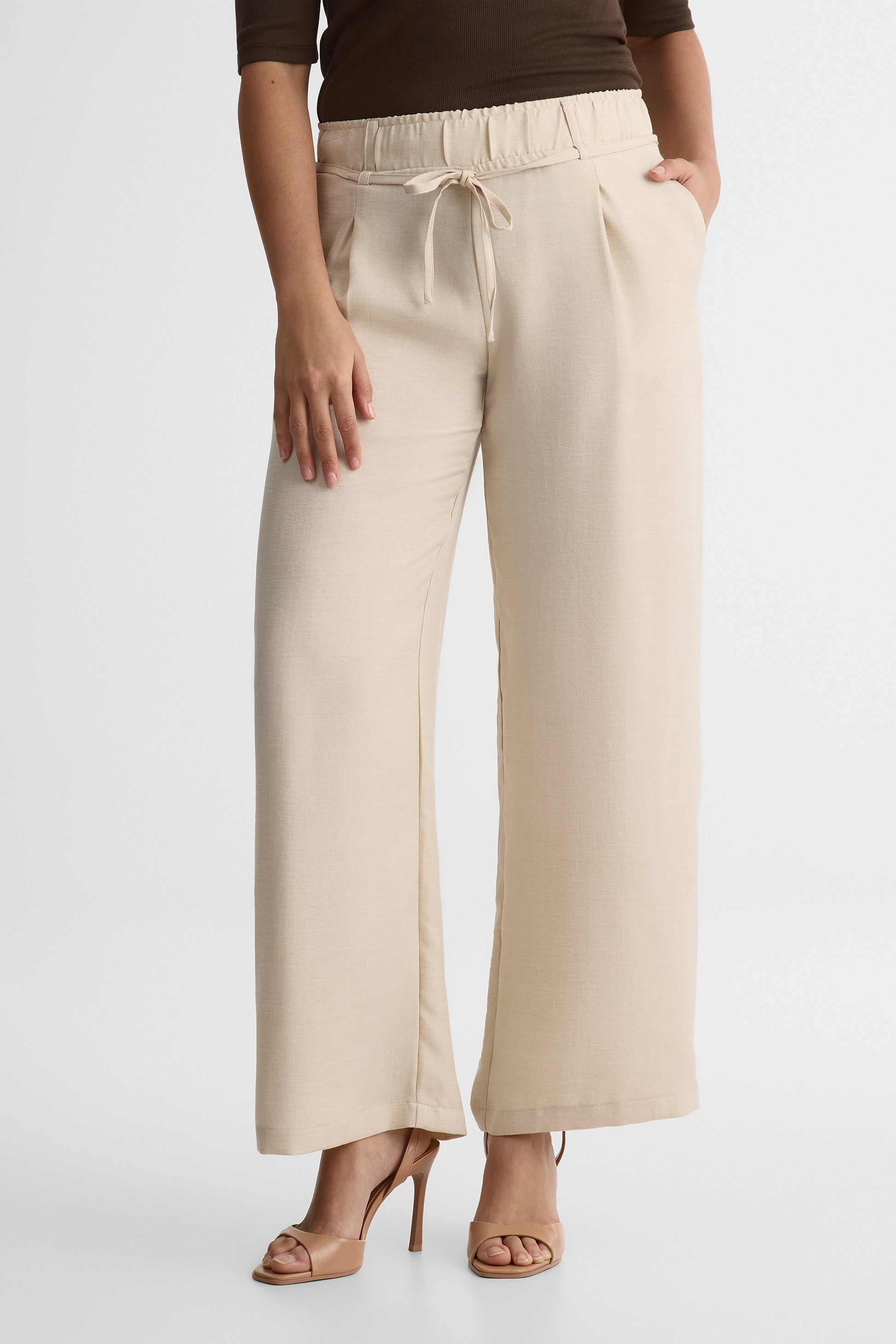 Pantalon élastique à taille haute – Femme && BLANC CASSÉ