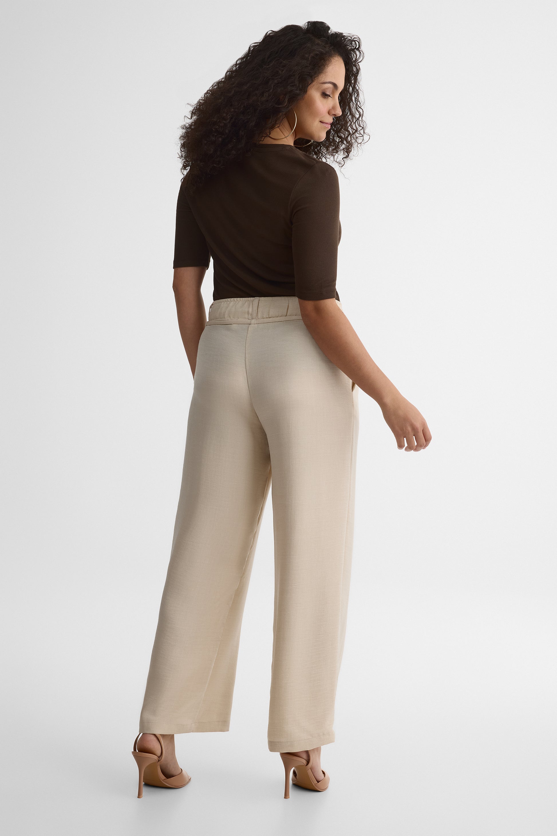 Pantalon élastique à taille haute – Femme && BLANC CASSÉ