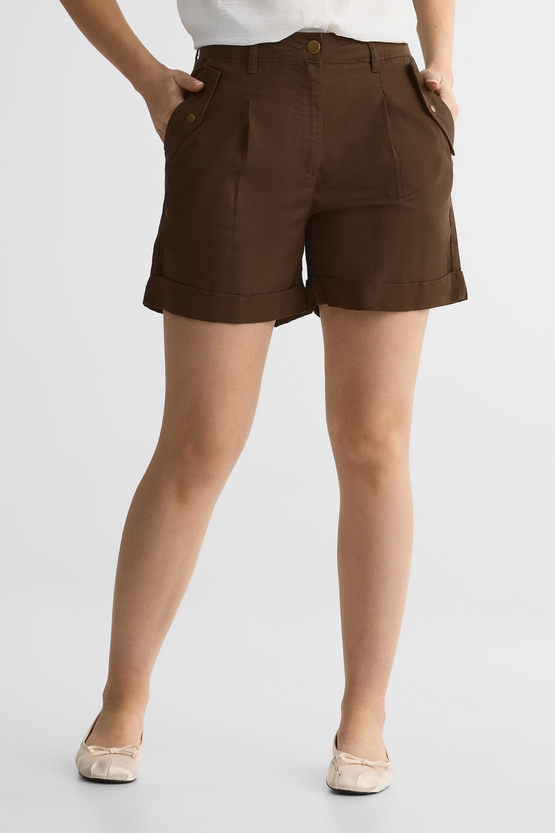 Short taille haute à poches - Femme && BRUN FONCE