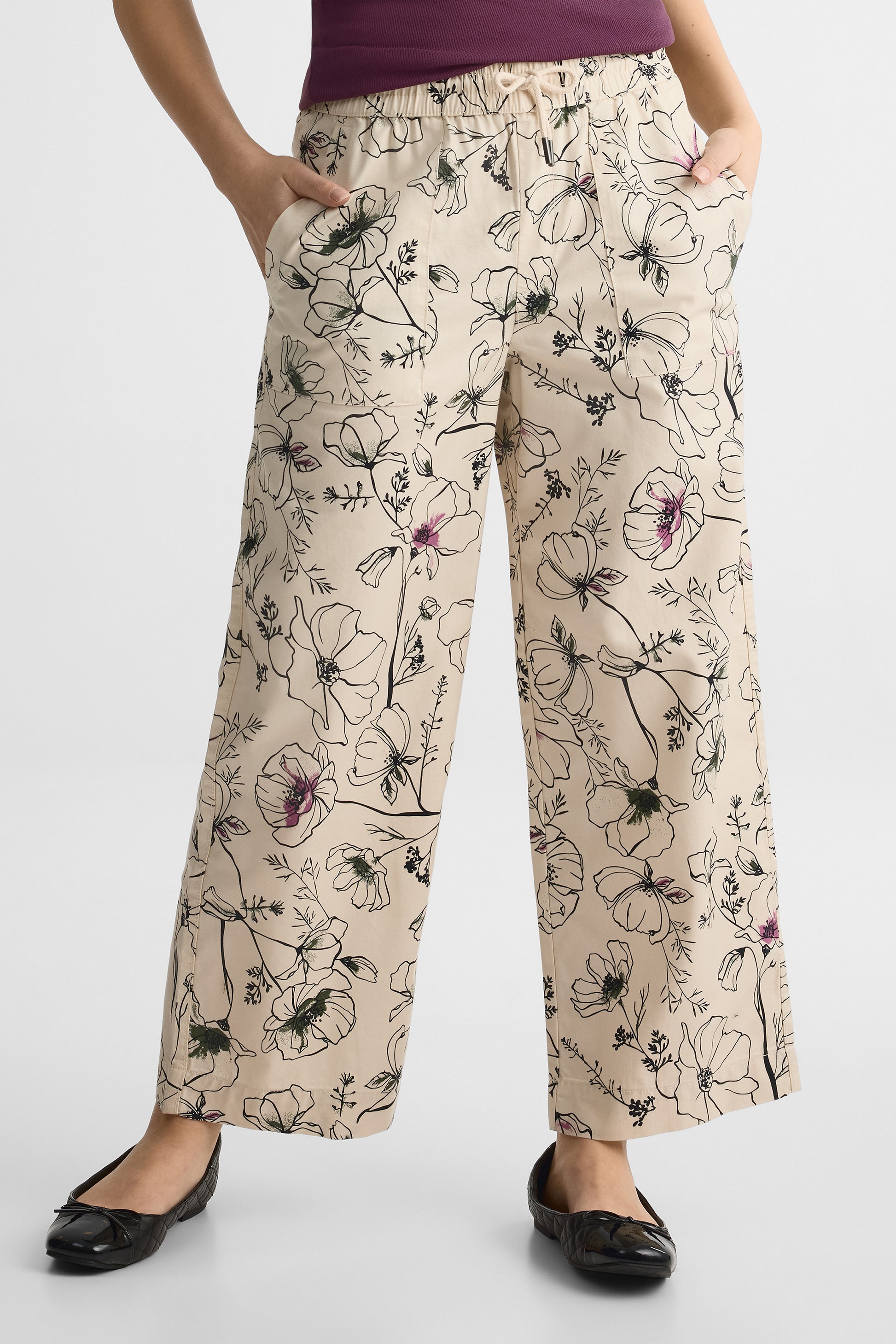 Pantalon cropped taille haute, coupe relax - Femme && BLANC CASSÉ/MULTI