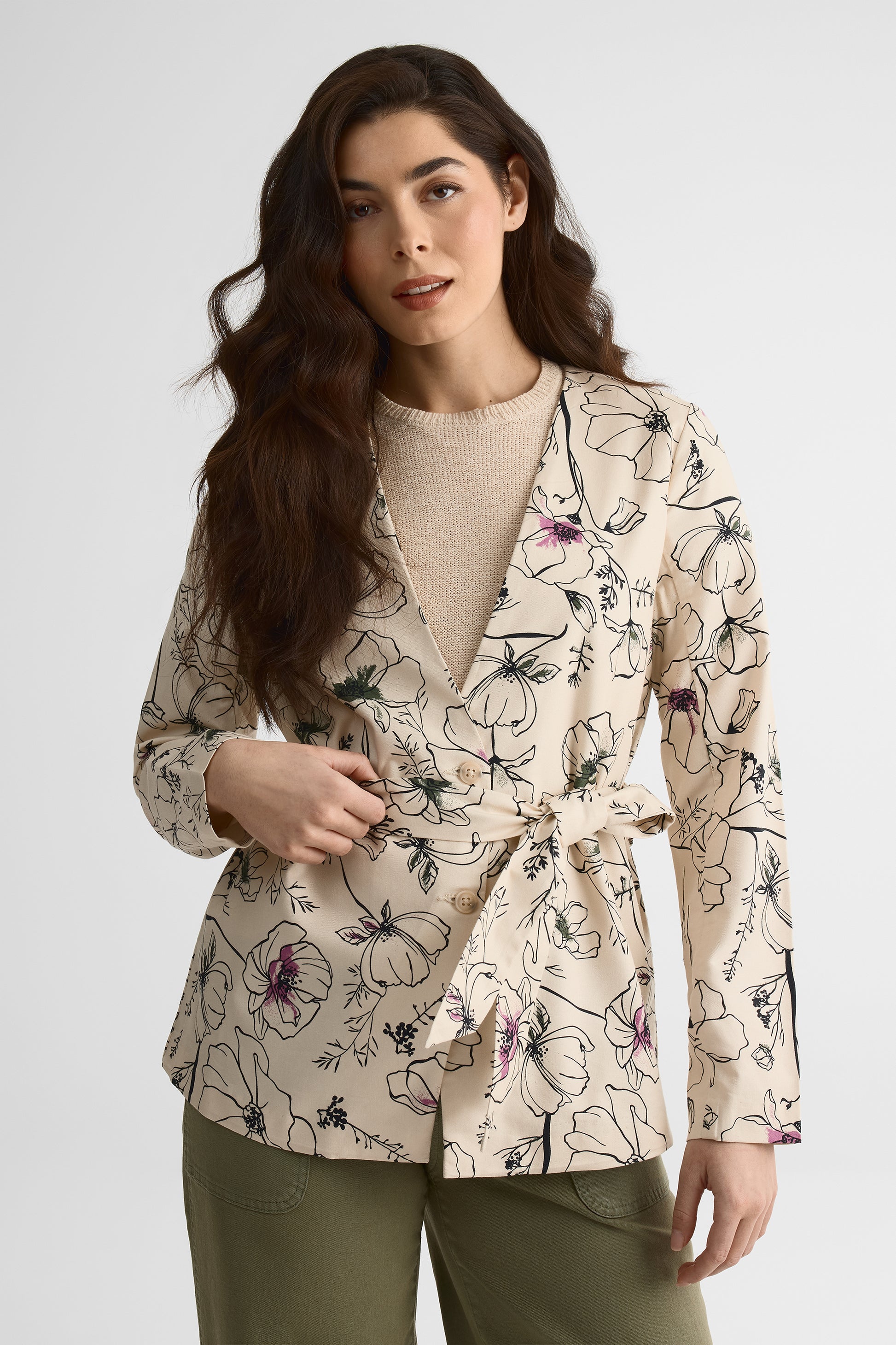 Veston femme sans doublure avec ceinture - Uni && BLANC CASSÉ/MULTI