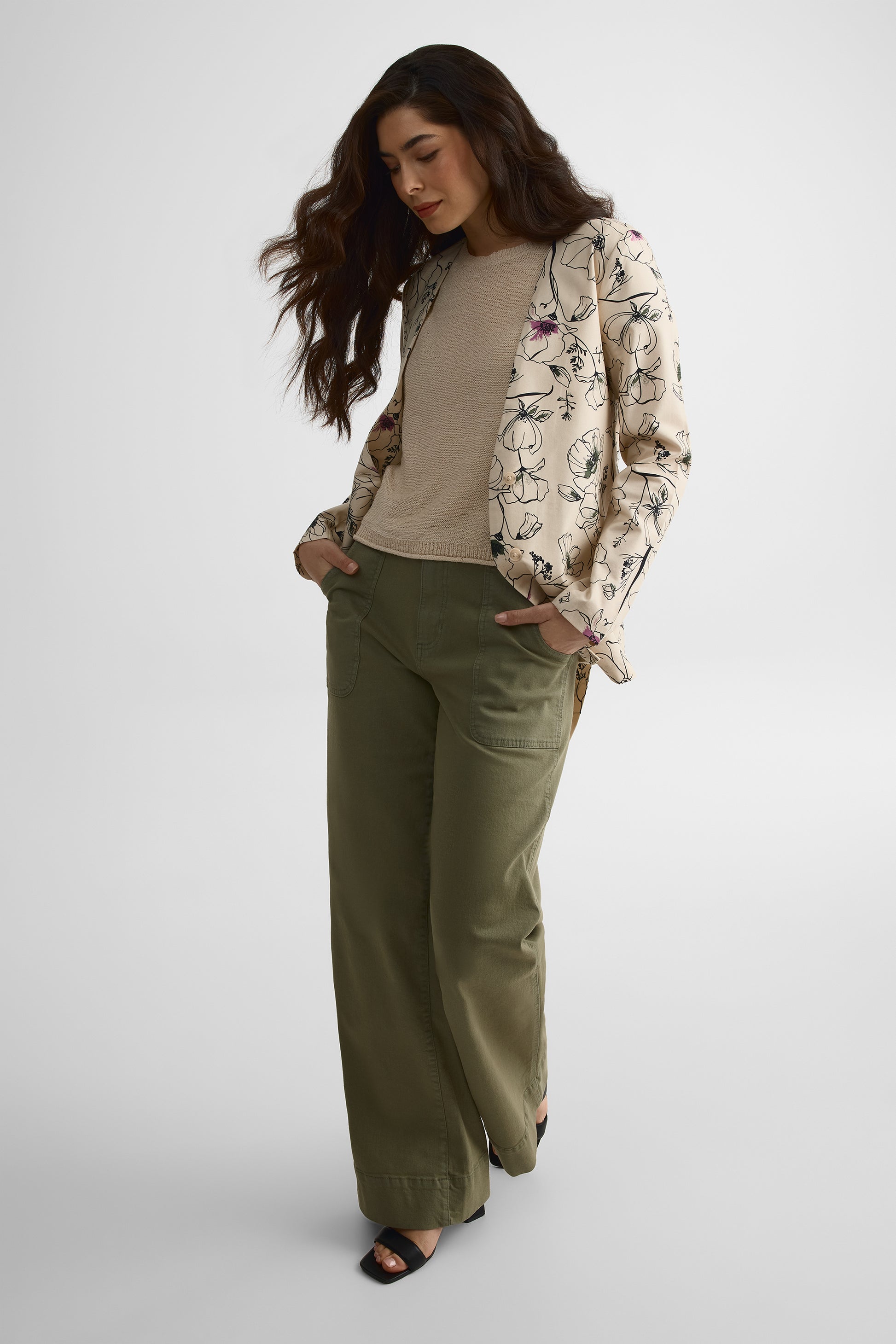 Veston femme sans doublure avec ceinture - Uni && BLANC CASSÉ/MULTI