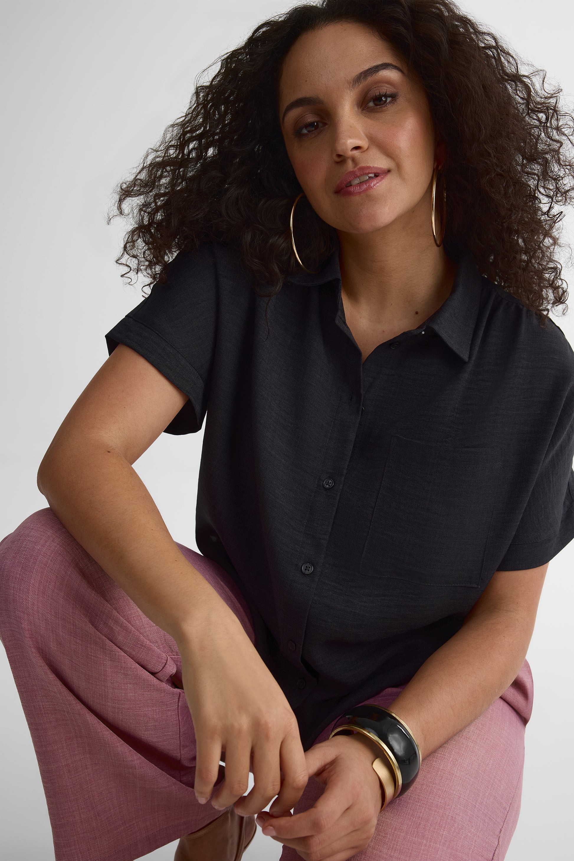 Chemisier M/courtes Dolman en chambray - Femme && CHARBON