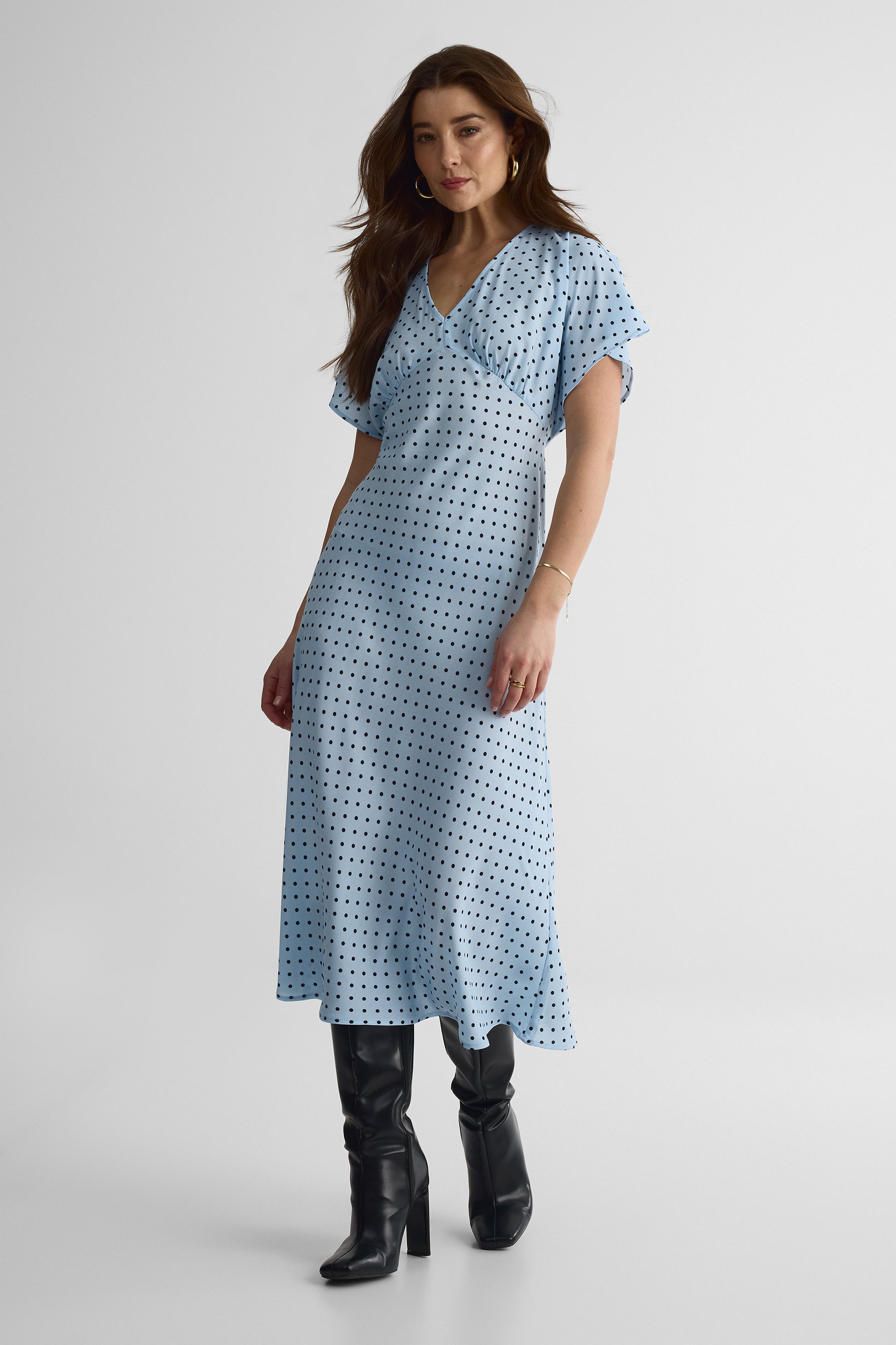 Robe maxi fluide à pois – Femme && BLEU MULTI