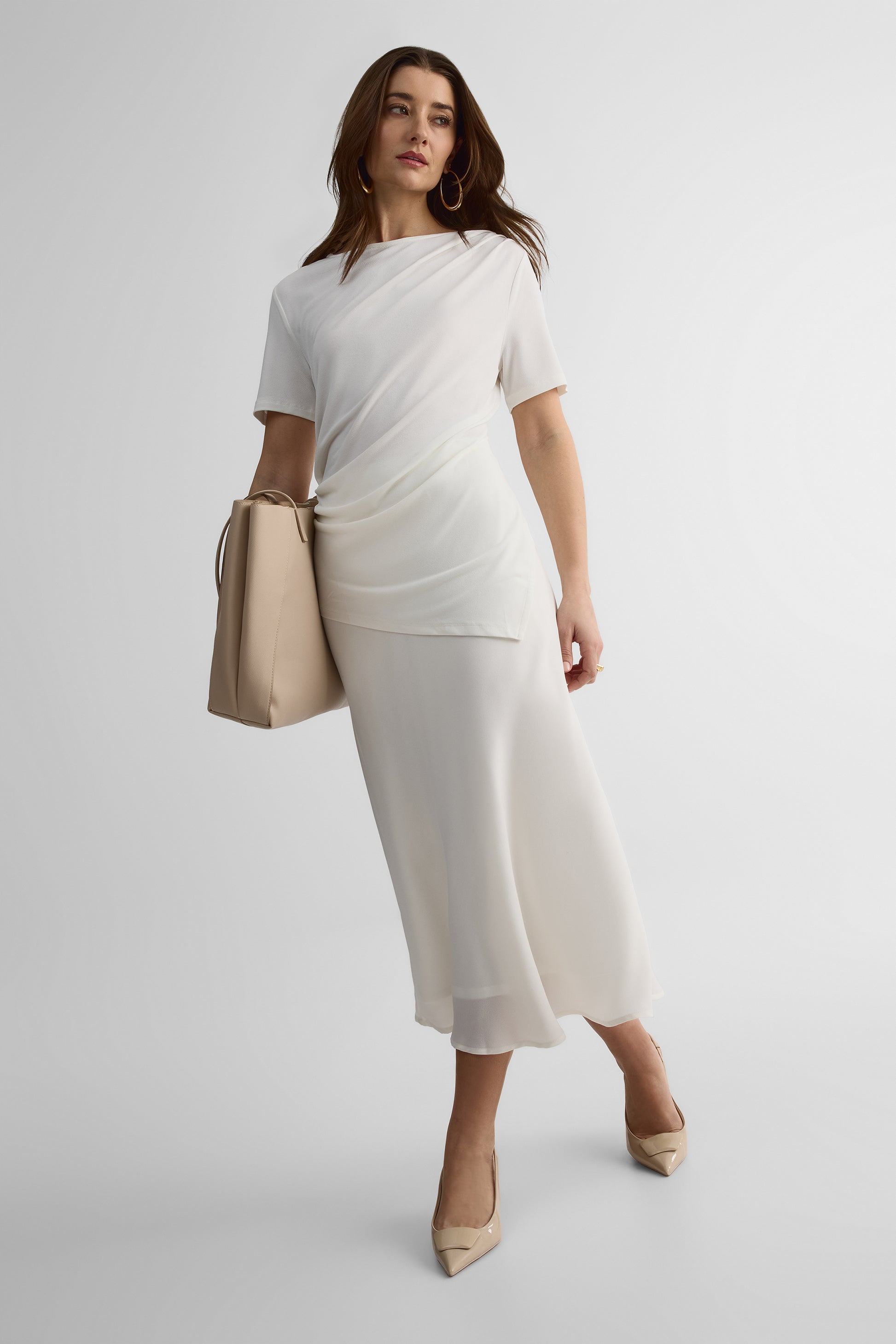 Chandail M/courtes semi-ajusté en crépe - Femme && BLANC CASSÉ