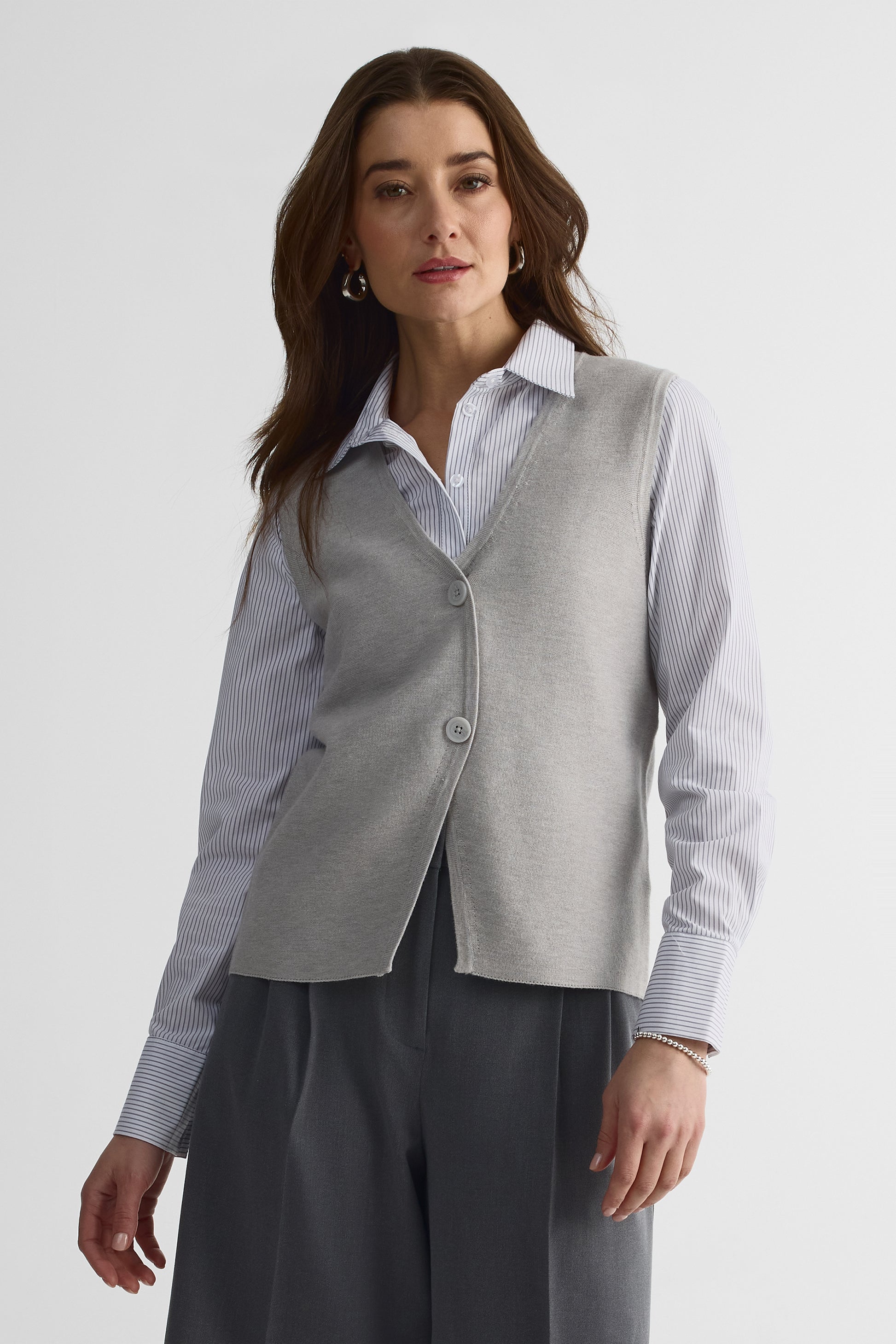 Veste tricot col V, manches longues - Femme && GRIS