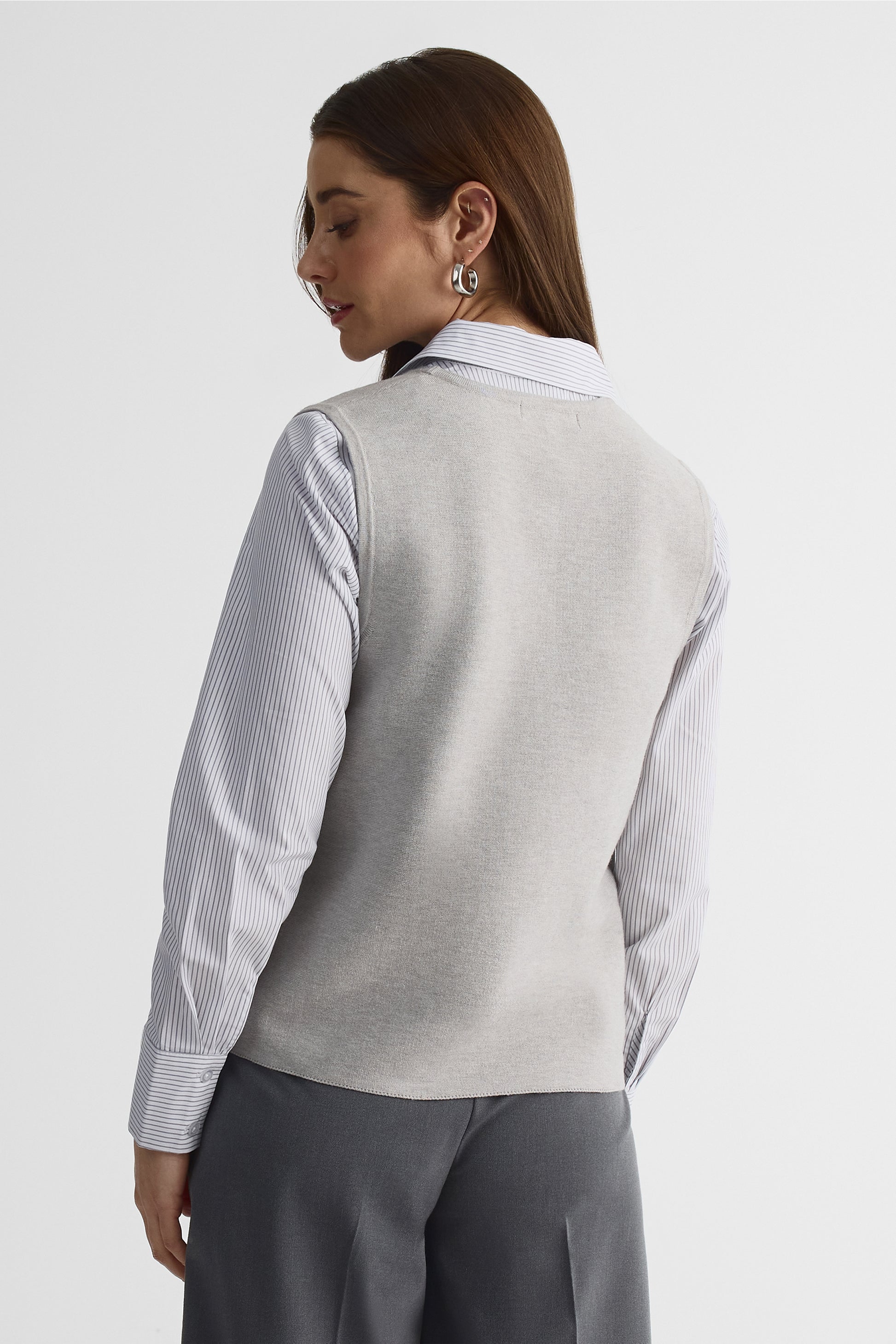 Veste tricot col V, manches longues - Femme && GRIS