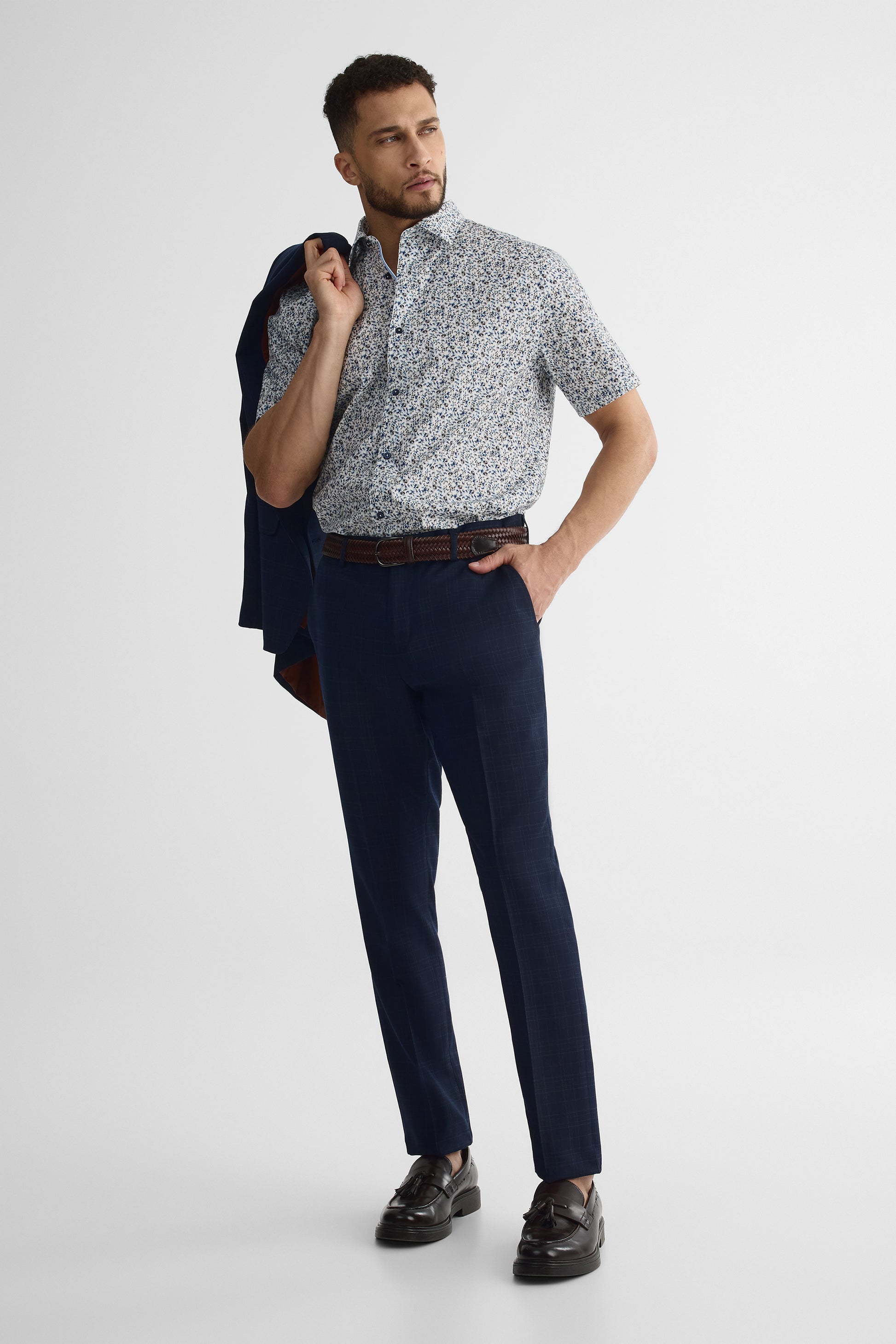 Chemise m/courtes ajustée en poplin stretch - Homme && BLEU MULTI