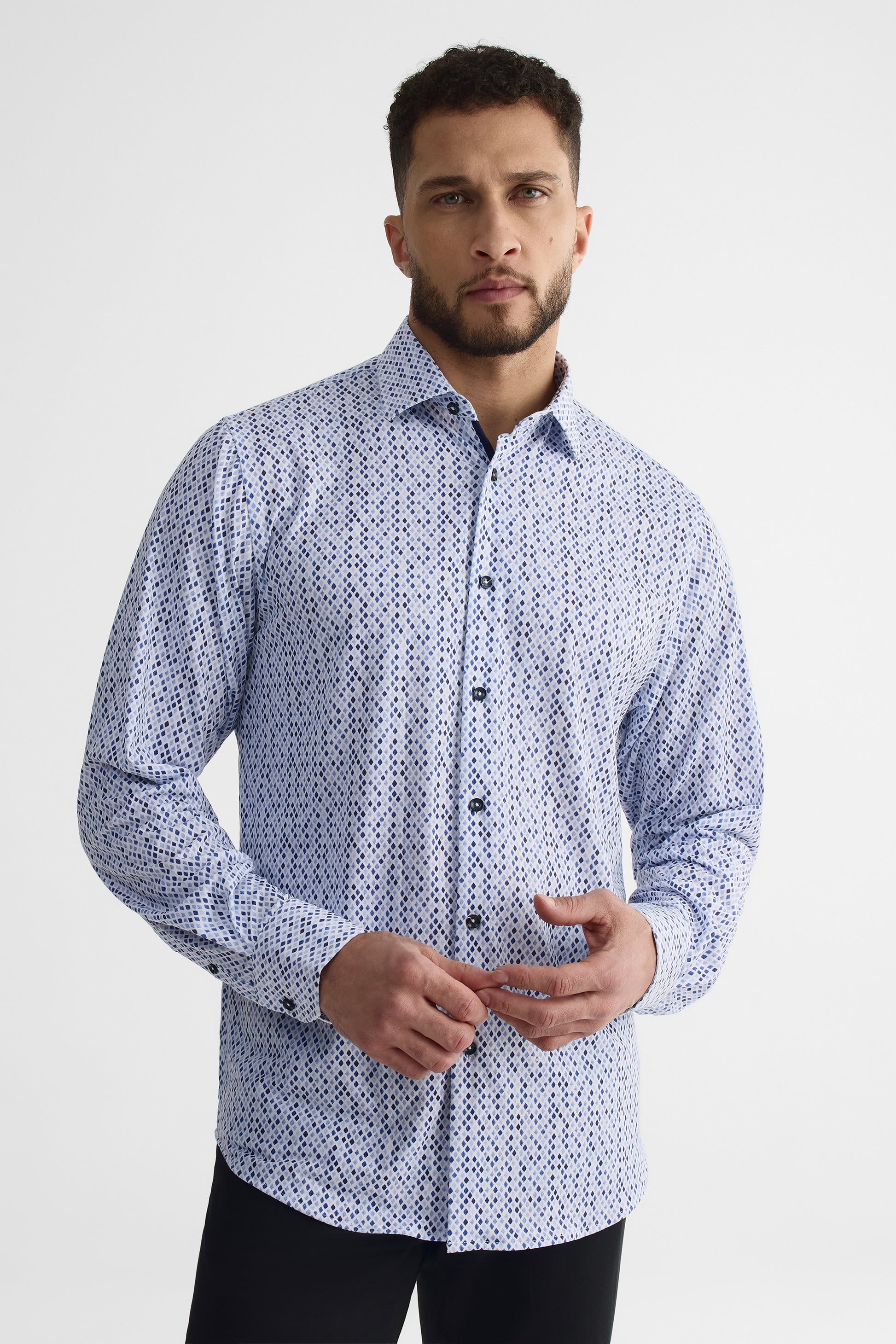 Chemise M/longues ajustée en coton - Homme && BLEU MULTI