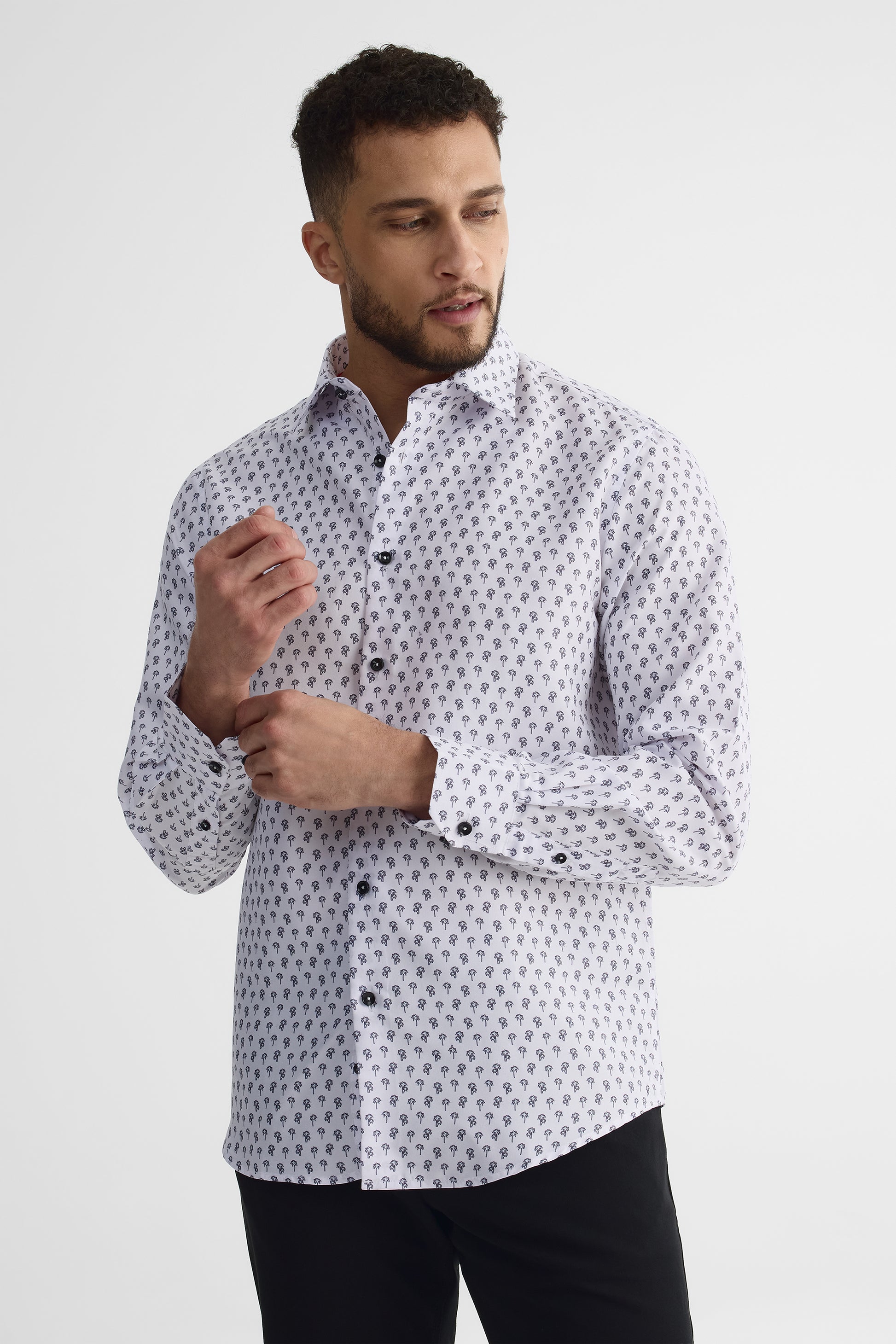 Chemise à manches longues ajustée en microfibre - Homme && BLANC MULTI