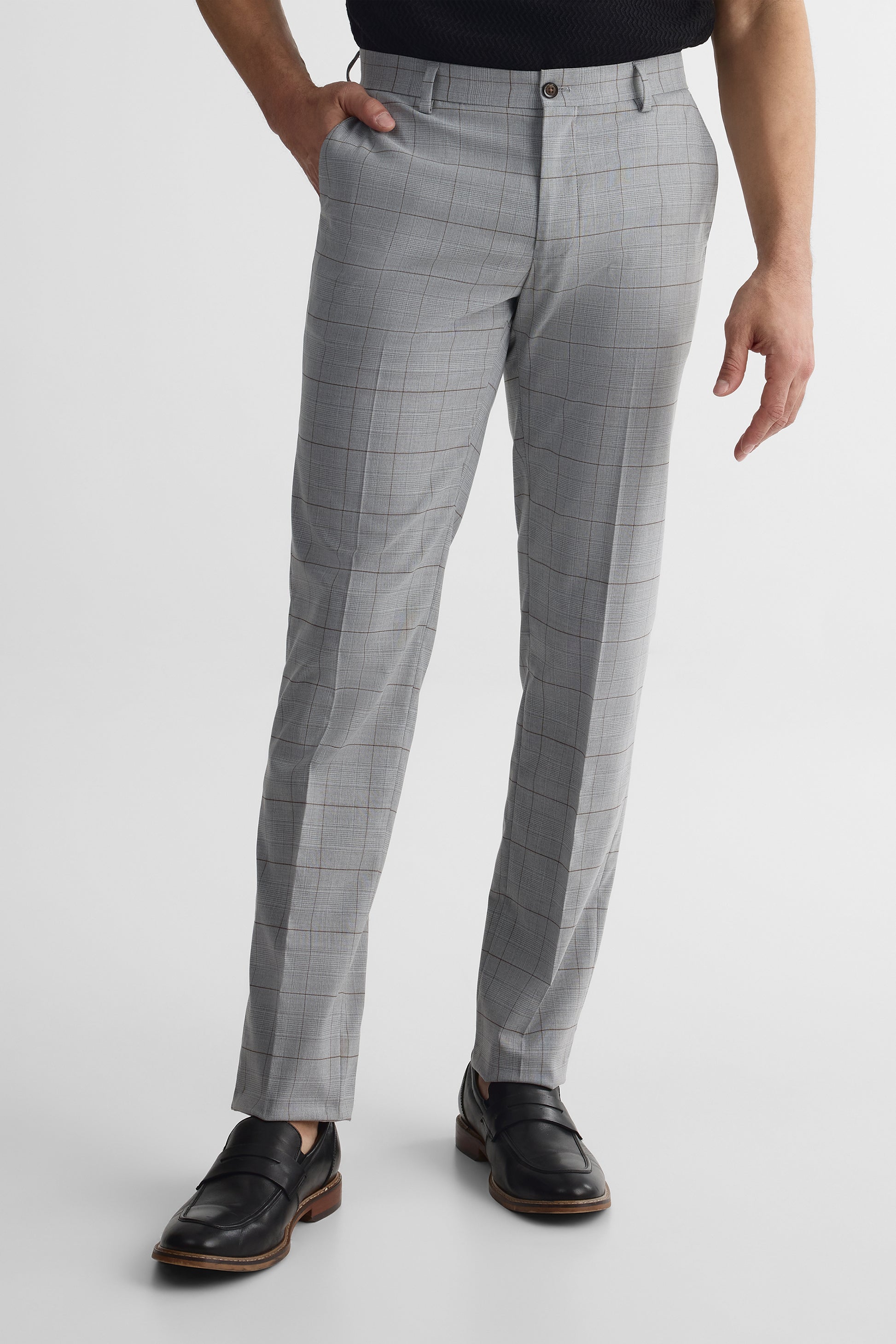 Pantalon habillé à carreaux ajusté – Homme && GRIS PALE