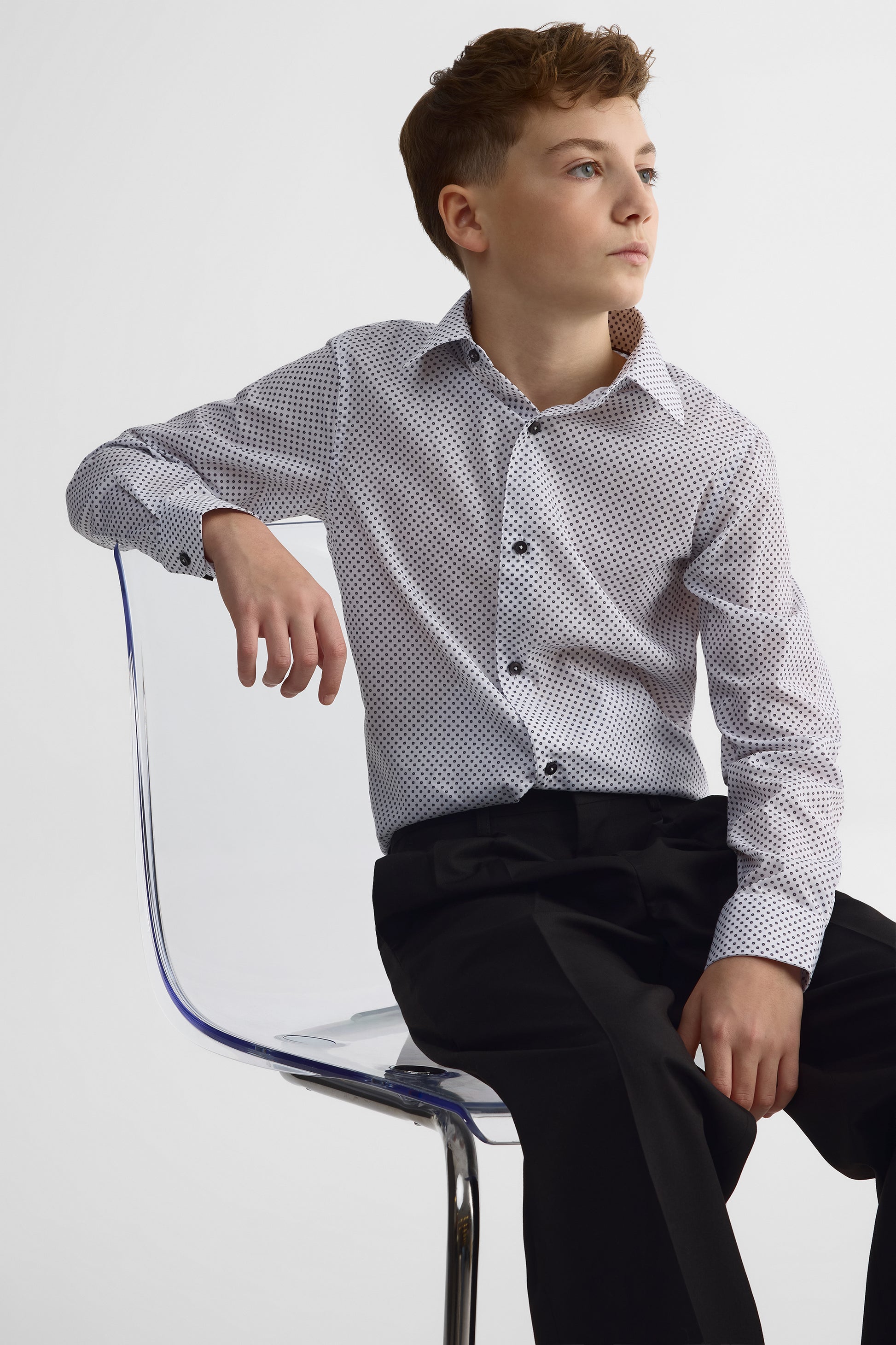 Chemise à motifs en poplin ajustée – Ado garçon && BLANC