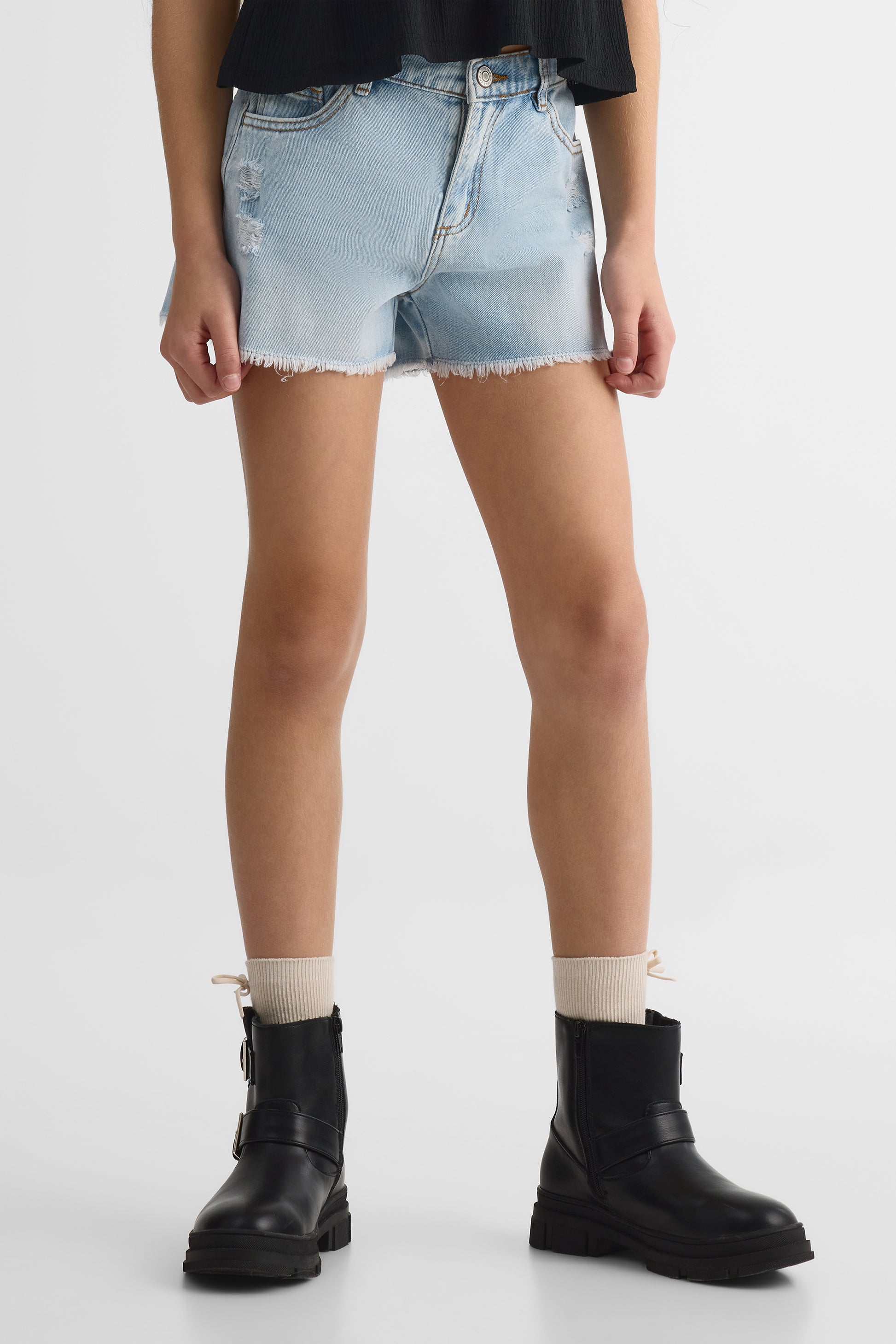 Short court en denim 100% coton - Ado fille && DENIM PALE
