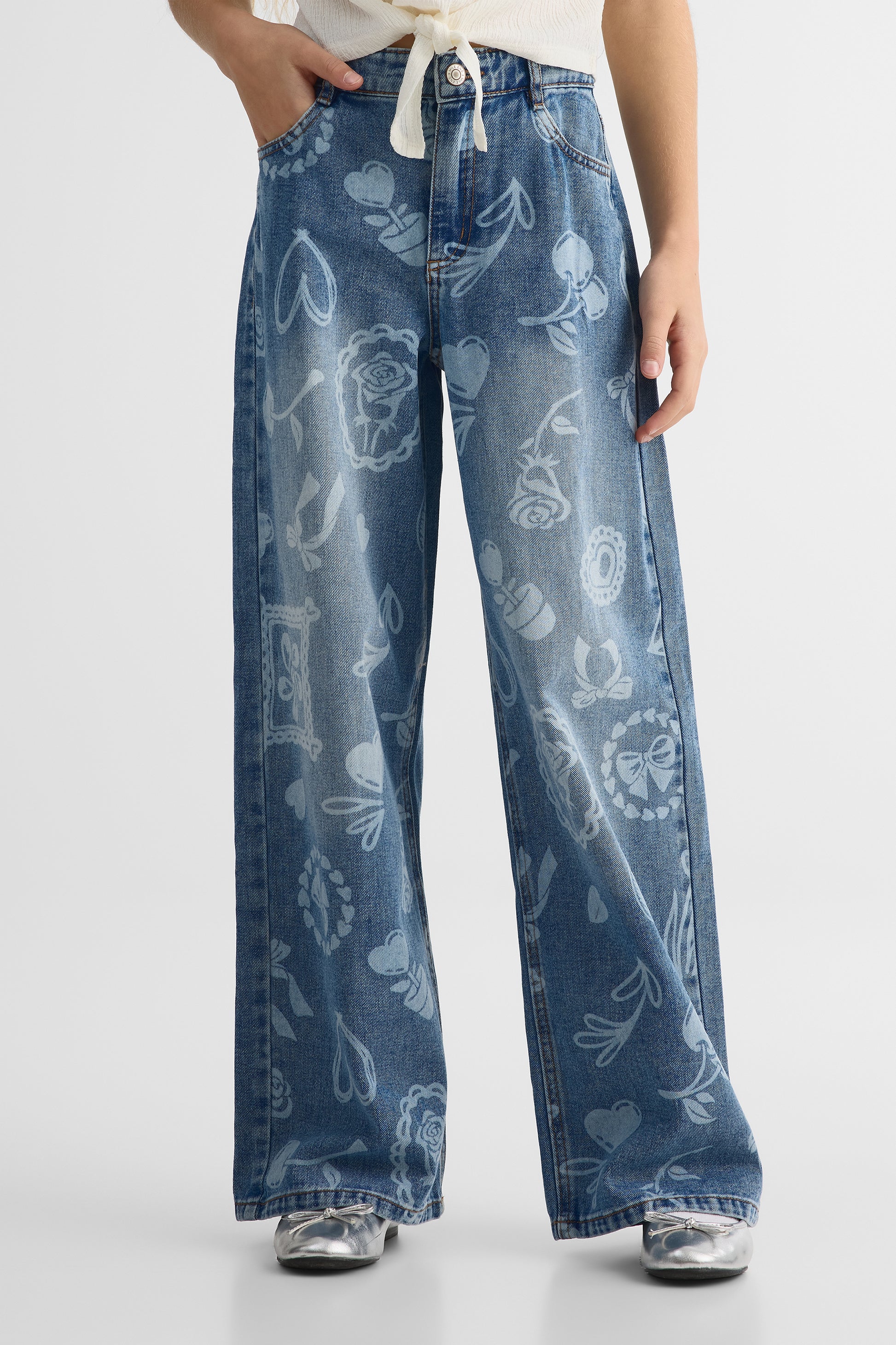 Pantalon imprimé jambes larges en denim - Ado fille && DENIM MOYEN