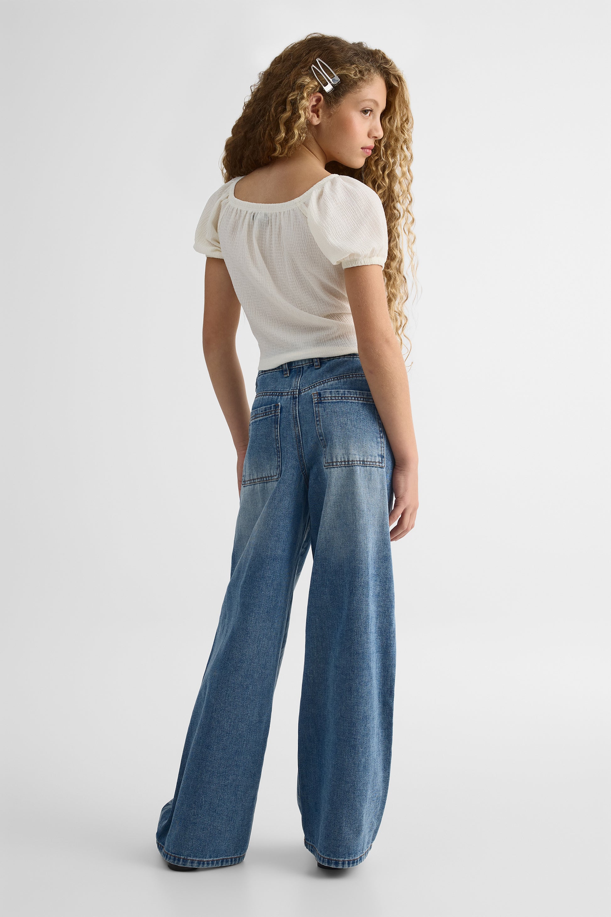 Pantalon imprimé jambes larges en denim - Ado fille && DENIM MOYEN