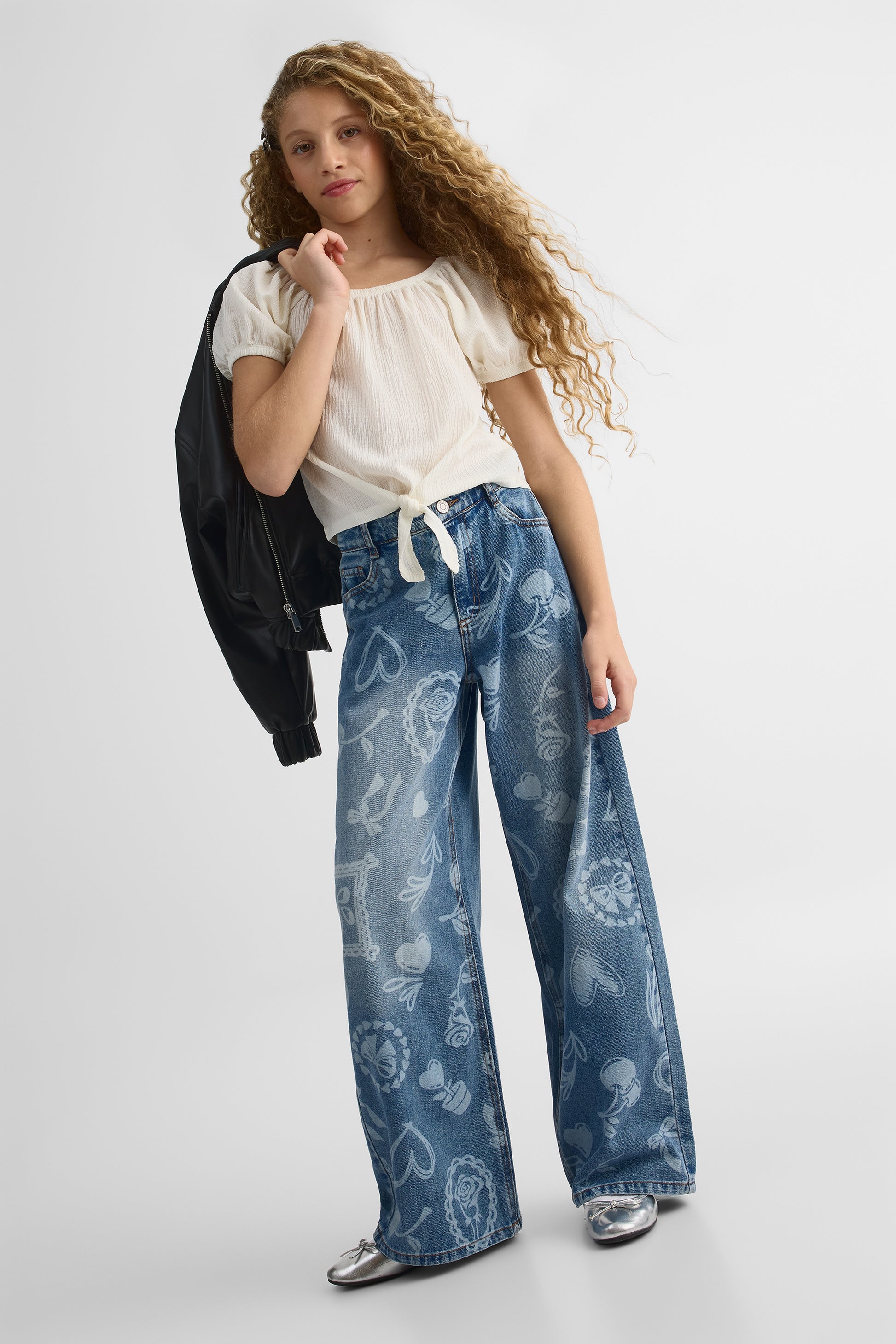 Pantalon imprimé jambes larges en denim - Ado fille && DENIM MOYEN