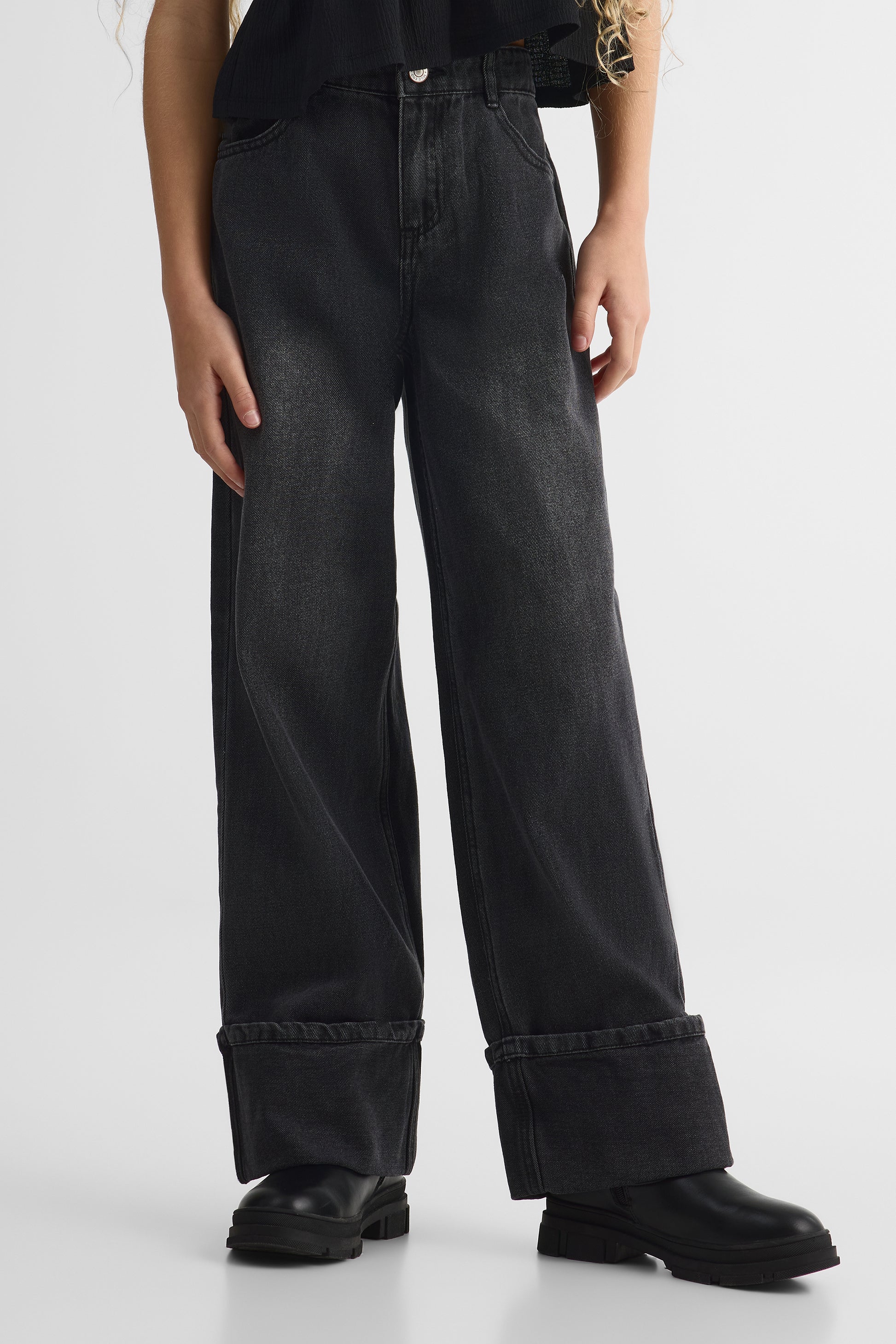 Pantalon 90's coupe droite en denim - Ado fille && DENIM NOIR