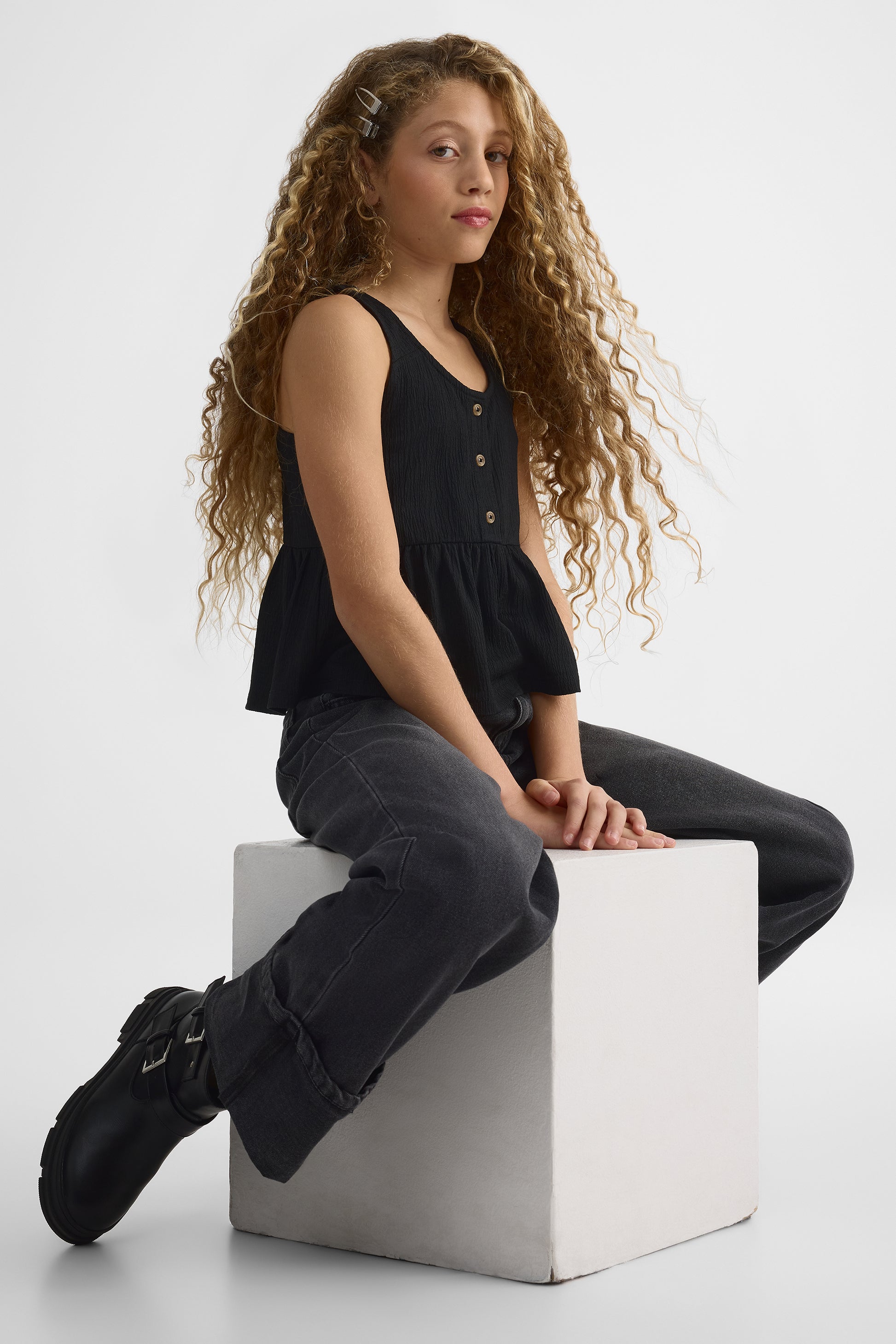 Pantalon 90's coupe droite en denim - Ado fille && DENIM NOIR