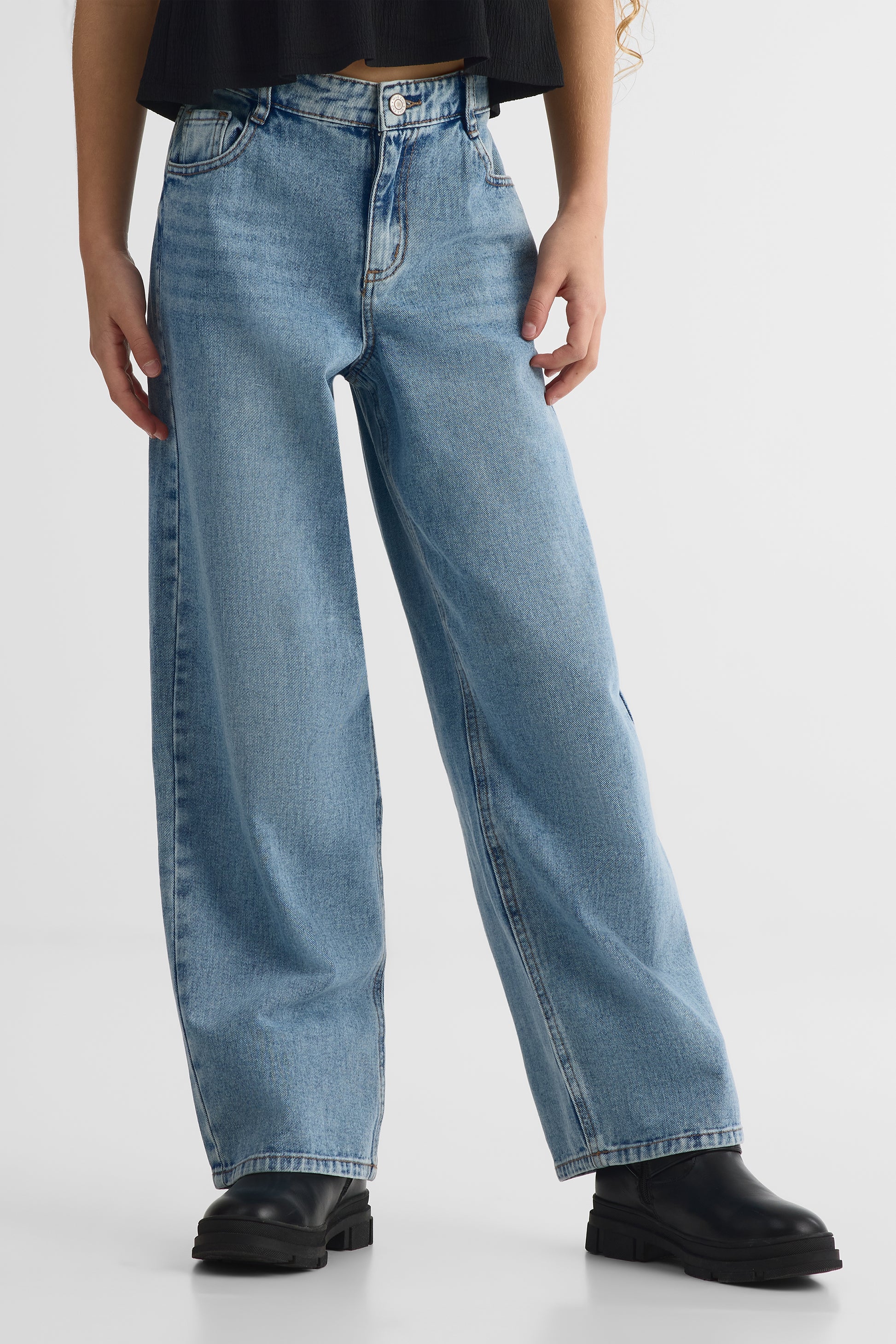 Pantalon baggy en denim 100% coton - Ado fille && DENIM MOYEN
