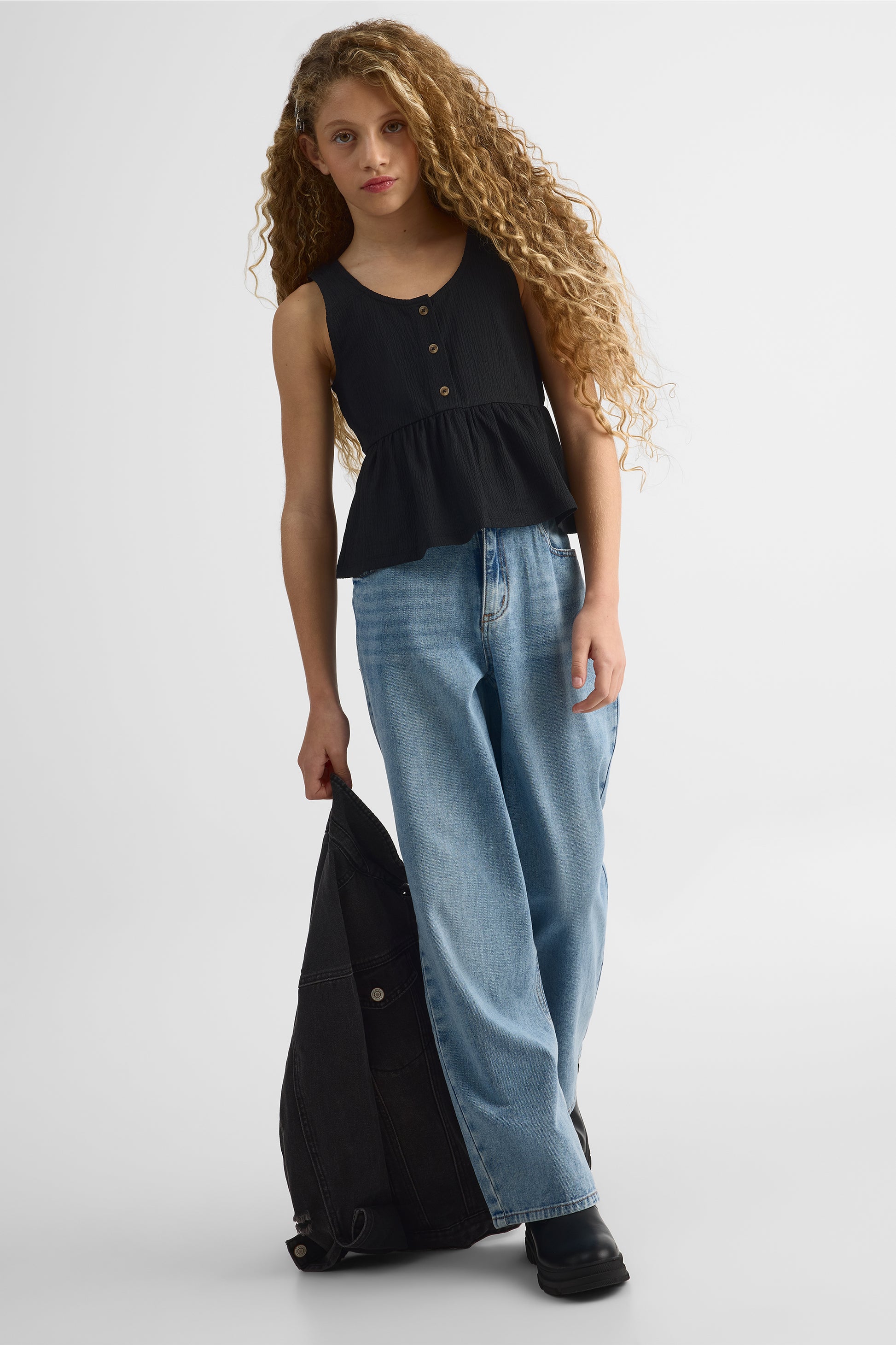 Pantalon baggy en denim 100% coton - Ado fille && DENIM MOYEN