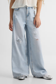 Pantalon en denim à jambes larges - Ado fille && DENIM PALE