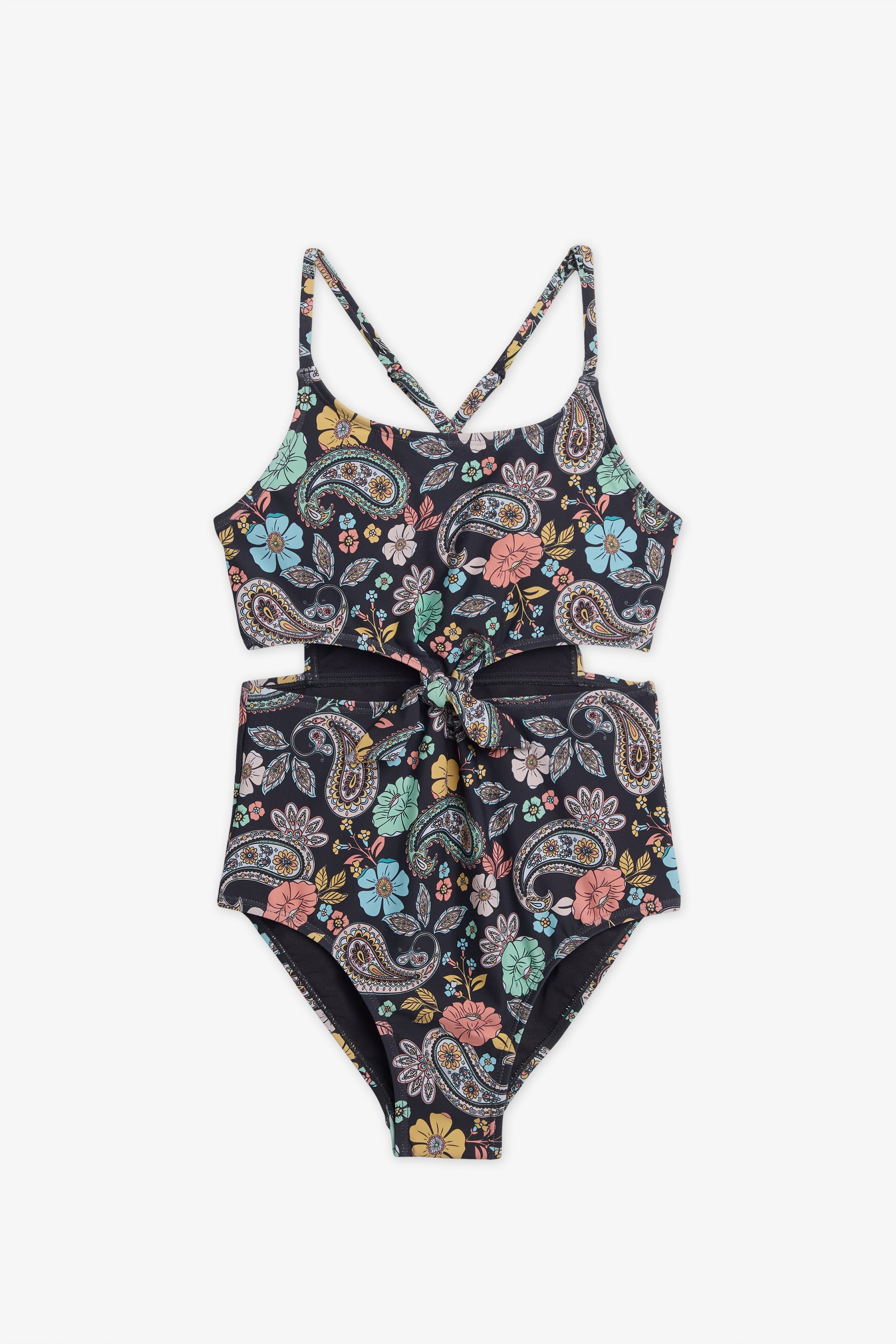 Maillot de bain 1 pièce croisé – Ado fille && CHARBON/MULTI