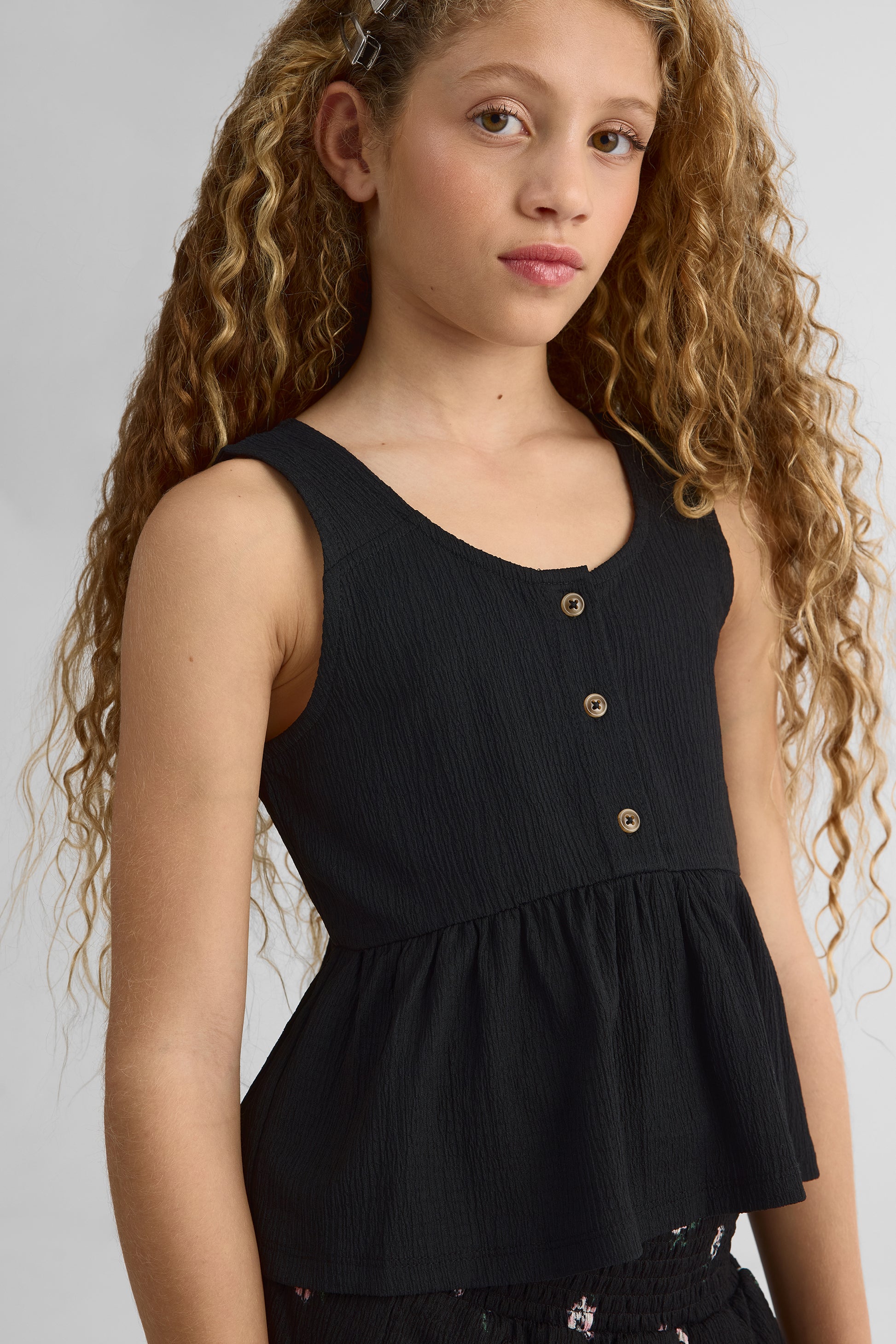 Camisole crinkled à bretelles larges - Ado fille && NOIR