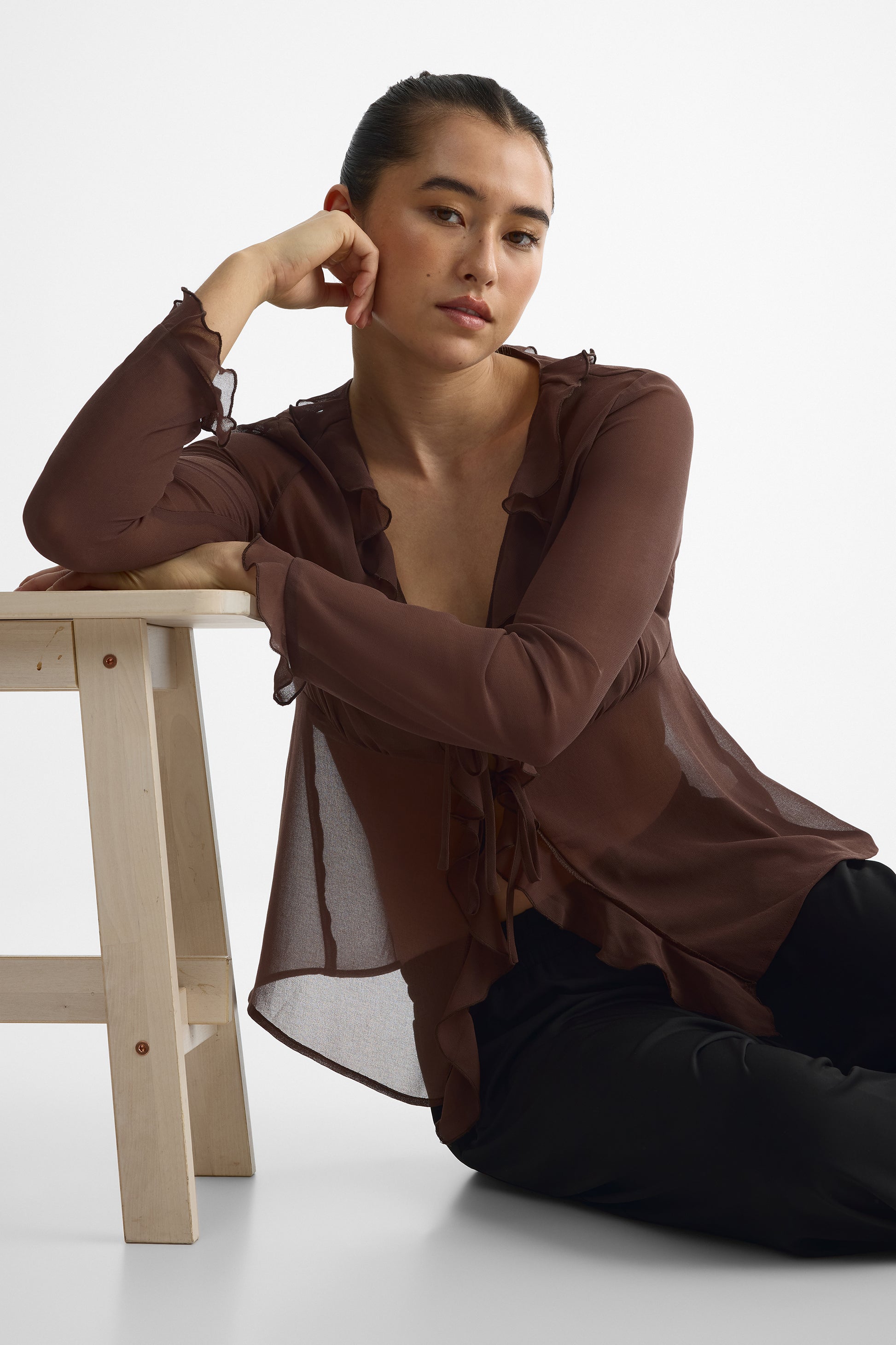 Blouse M/longues ouverte devant en crêpe - Femme && BRUN