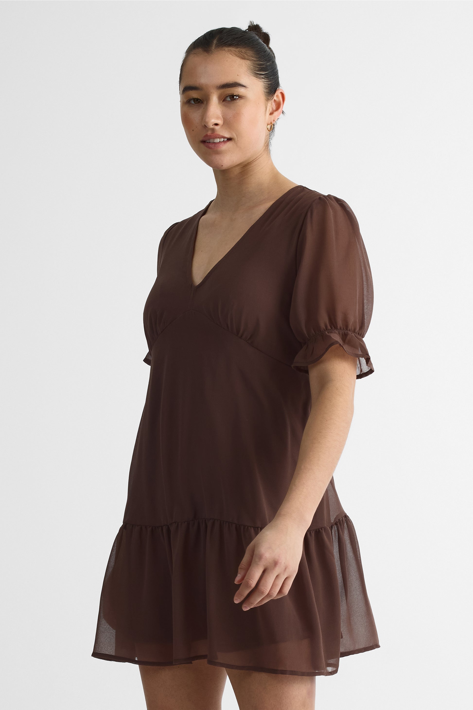 Robe courte ballon col V en crêpe - Femme && BRUN