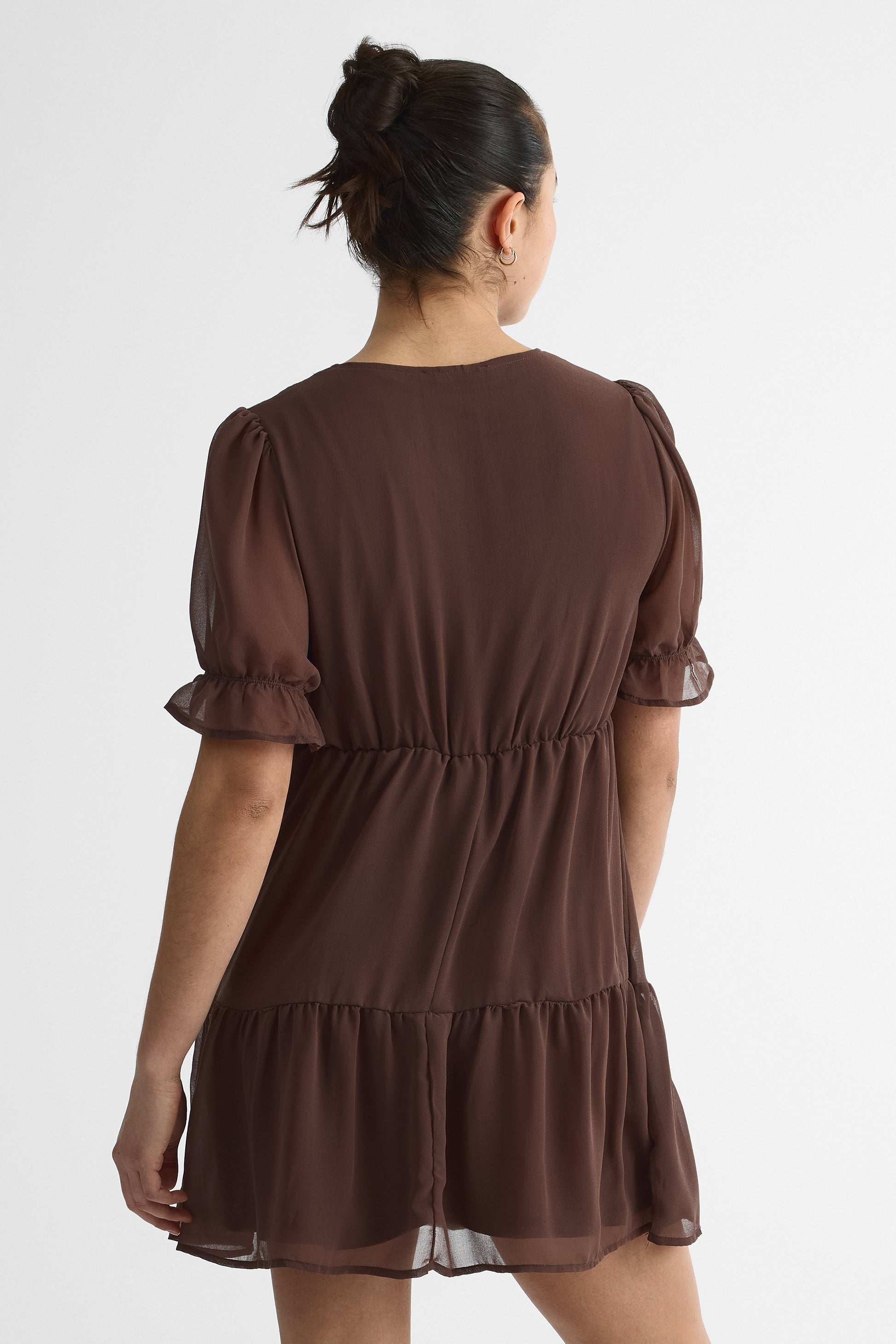 Robe courte ballon col V en crêpe - Femme && BRUN