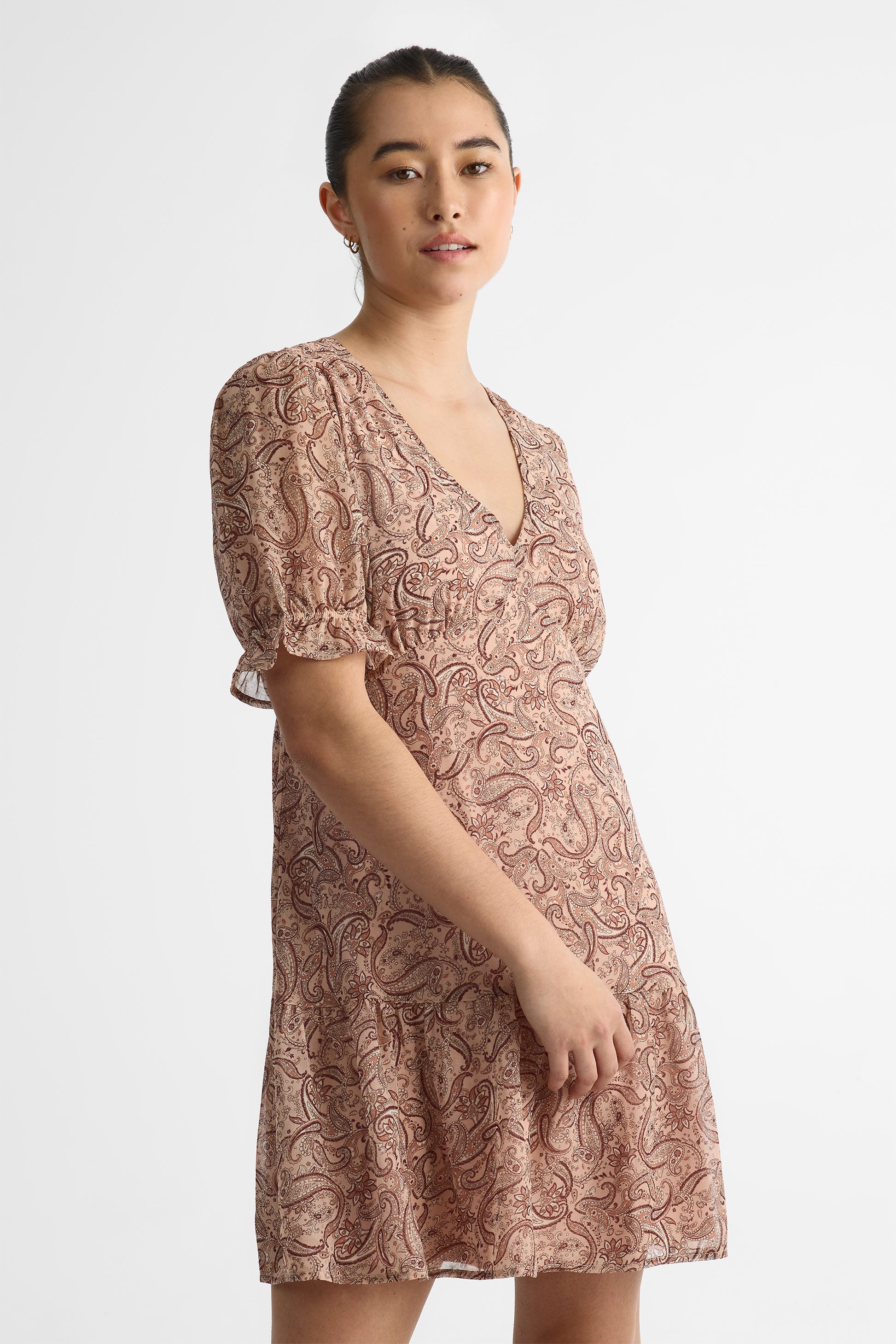 Robe courte ballon col V en crêpe - Femme && ROSE MULTI