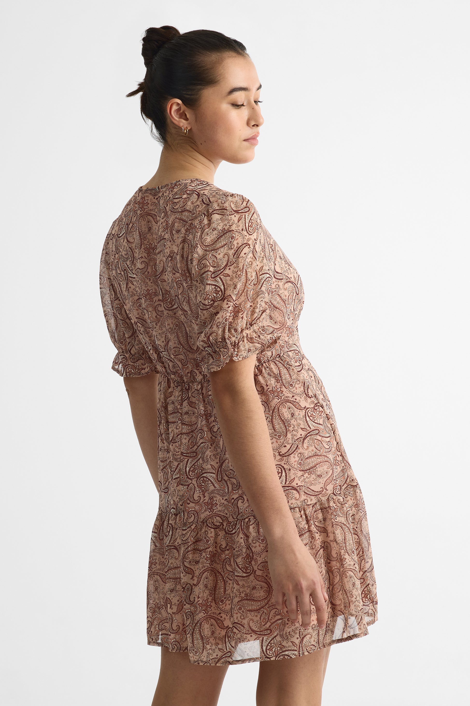 Robe courte ballon col V en crêpe - Femme && ROSE MULTI