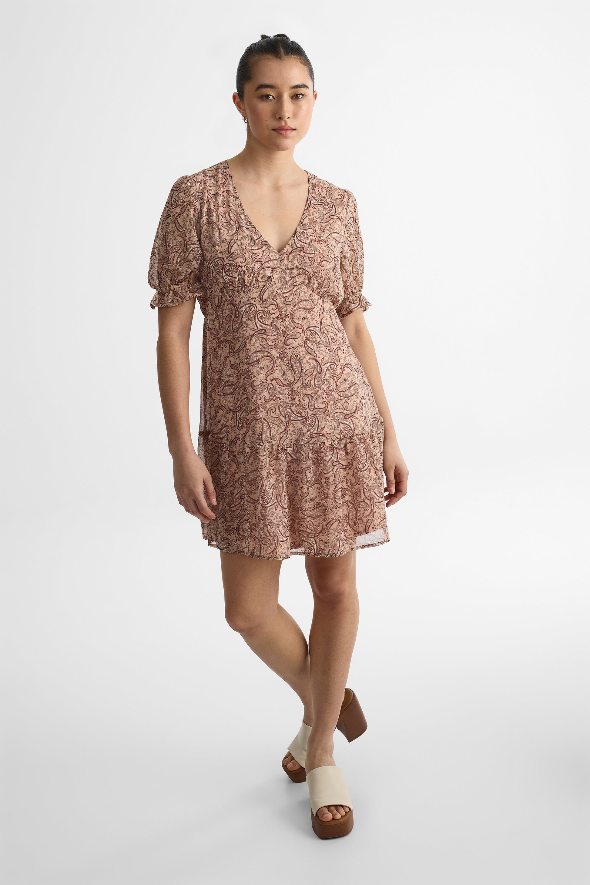 Robe courte ballon col V en crêpe - Femme && ROSE MULTI