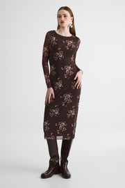 Robe longue col bateau en mesh doux - Femme && BRUN/MULTI