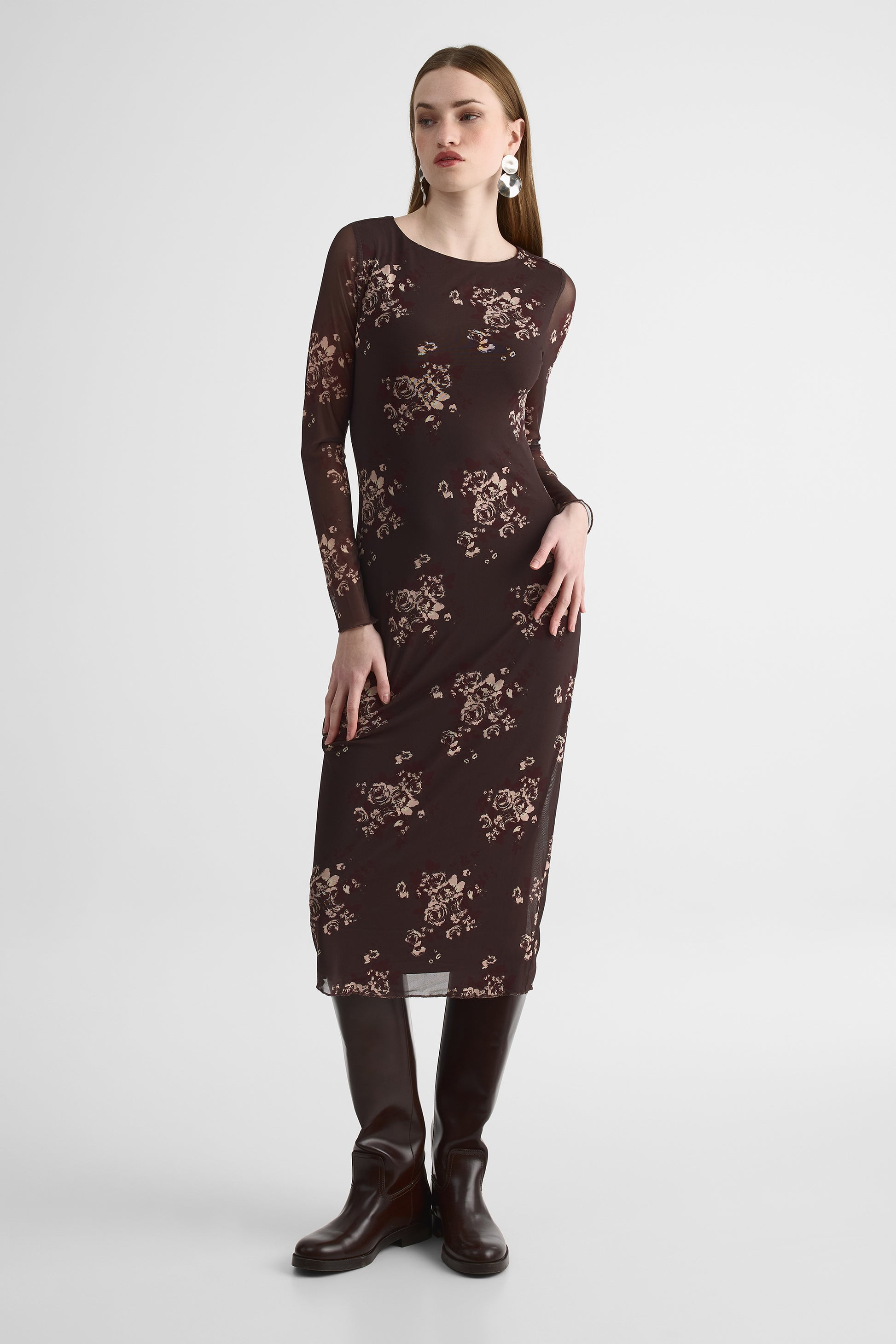 Robe longue col bateau en mesh doux - Femme && BRUN/MULTI