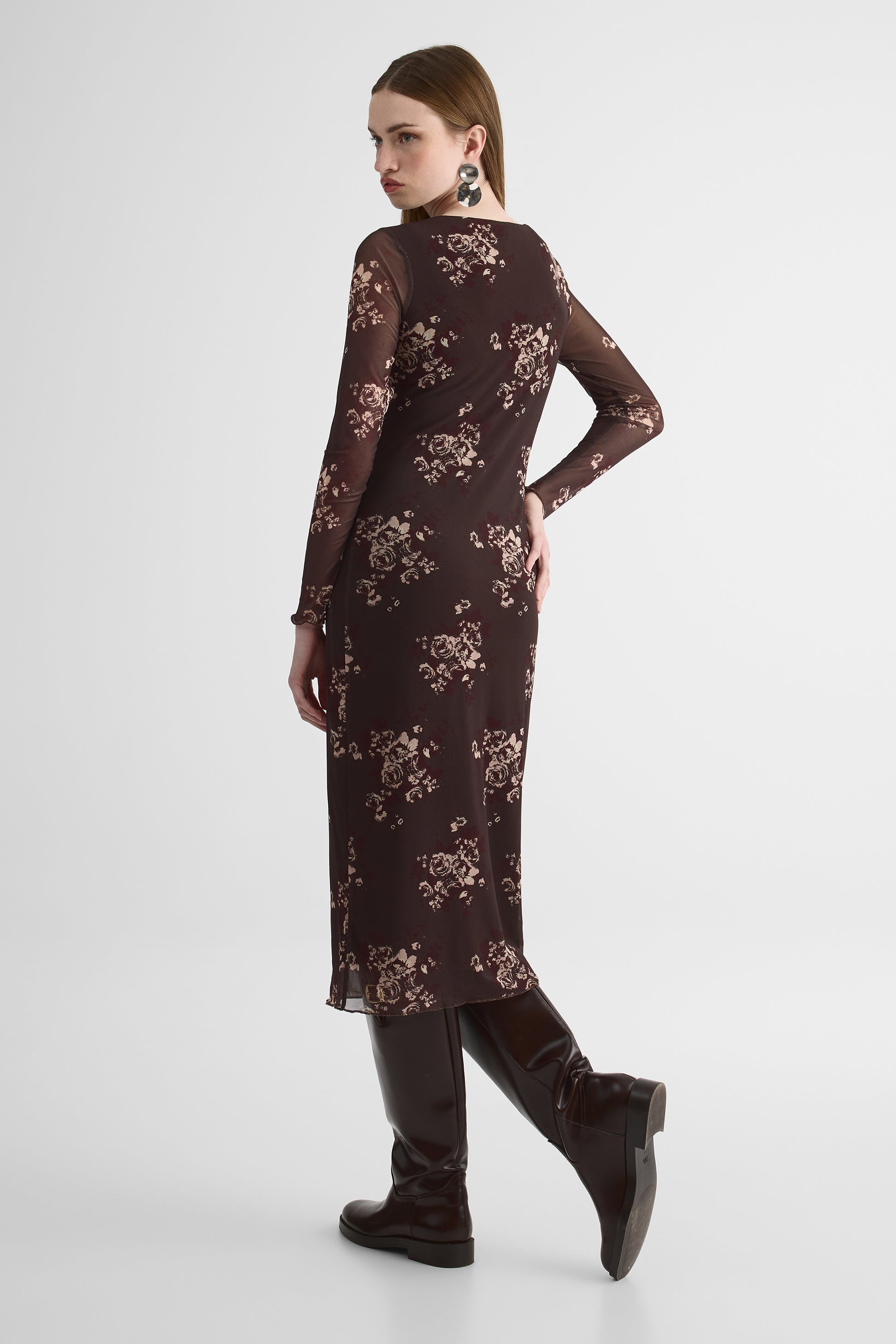 Robe longue col bateau en mesh doux - Femme && BRUN/MULTI