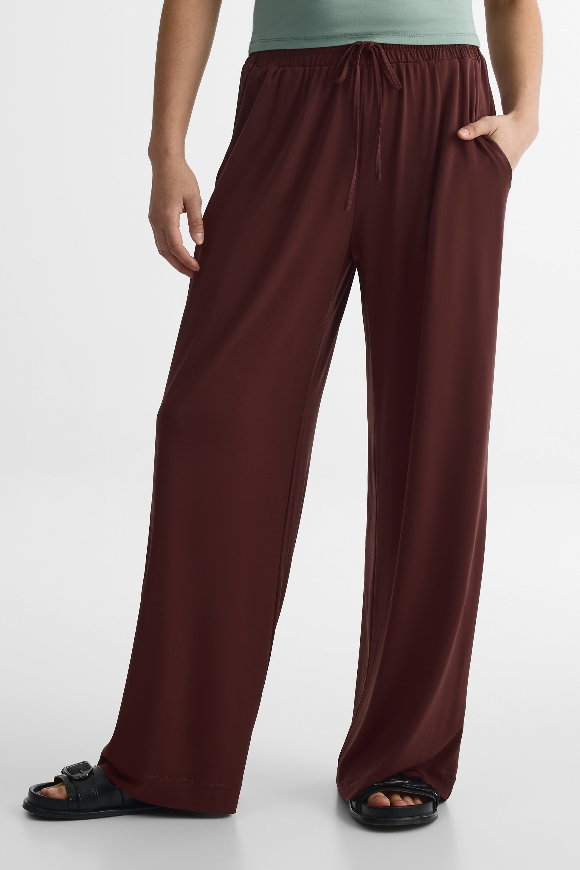 Pantalon large élastique taille haute – Femme && BRUN CHOCOLAT