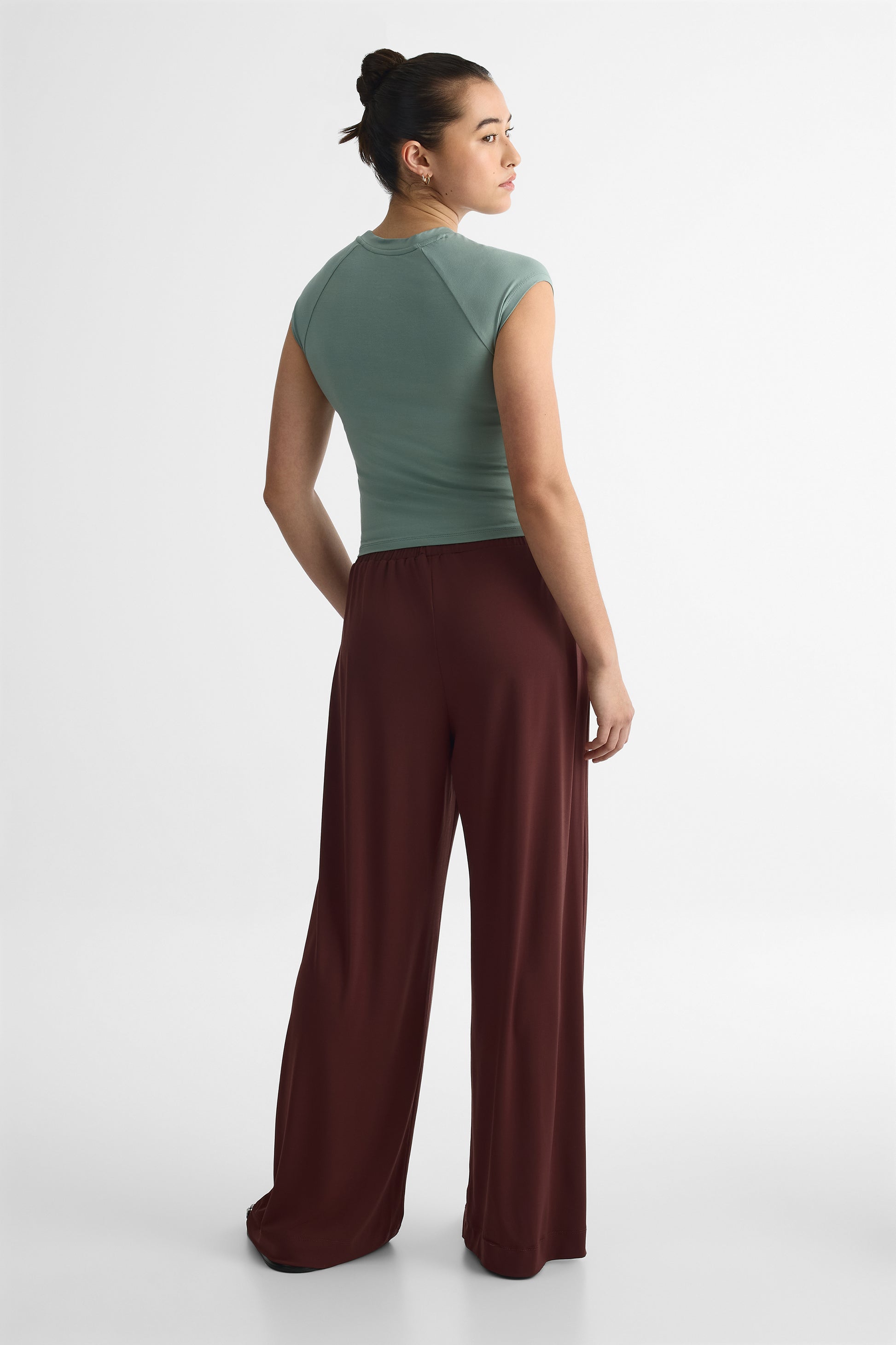 Pantalon large élastique taille haute – Femme && BRUN CHOCOLAT