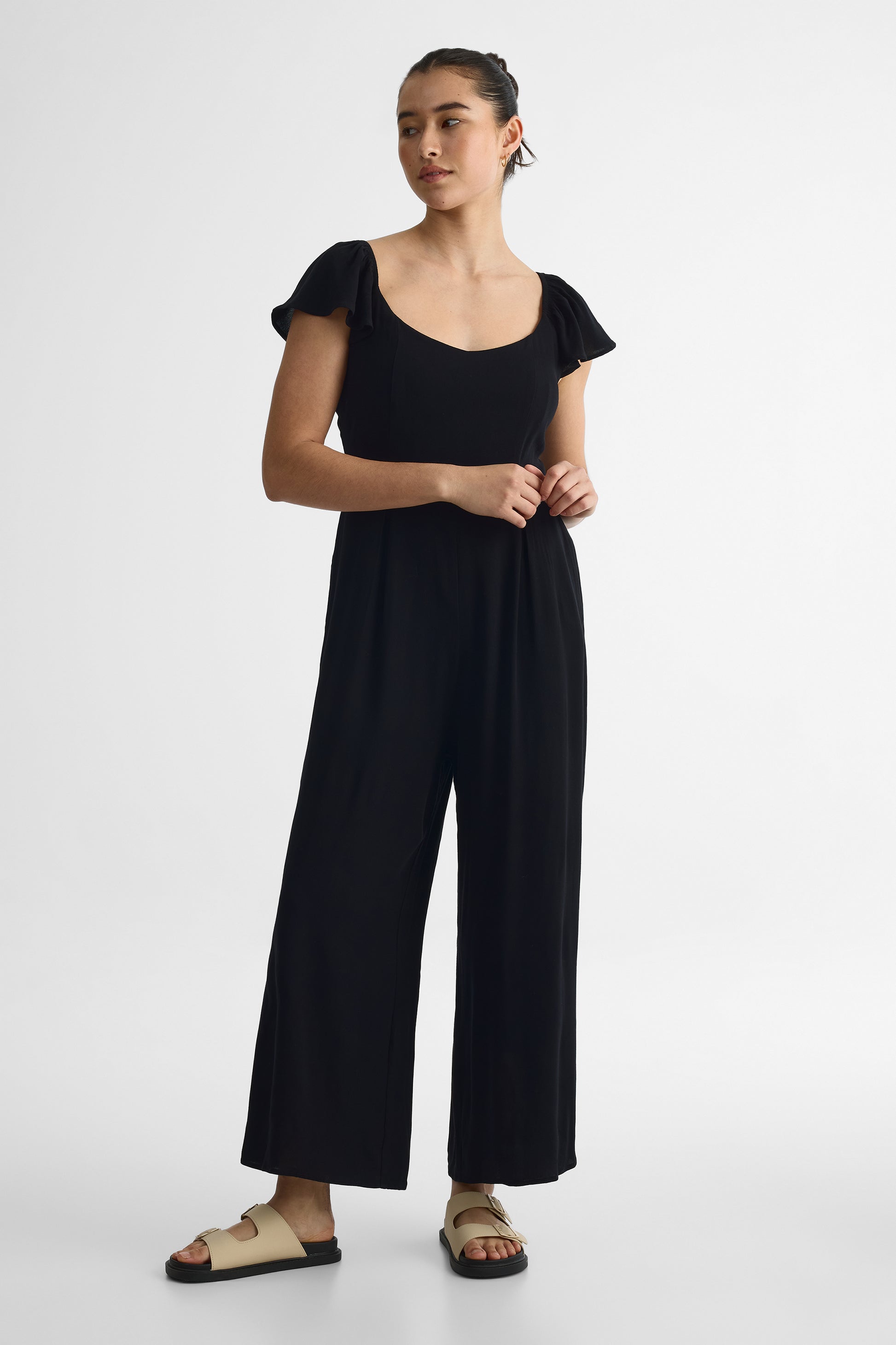 Jumpsuit V Neck à manches courtes - Femme && NOIR