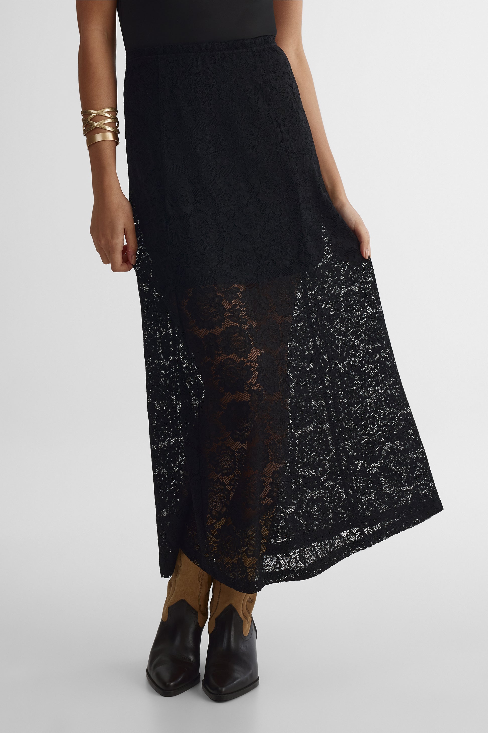 Jupe maxi taille élastique en polyamide - Femme && NOIR