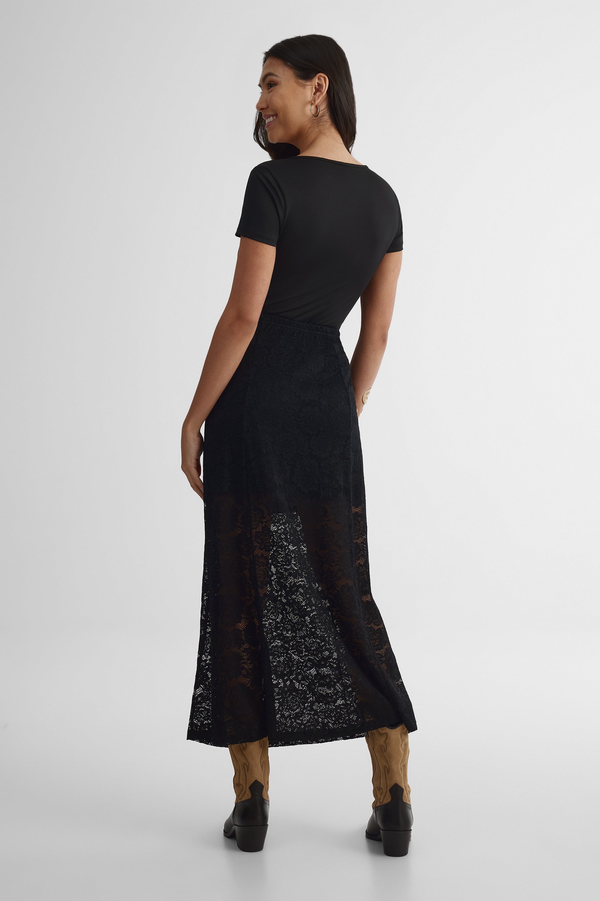 Jupe maxi taille élastique en polyamide - Femme && NOIR