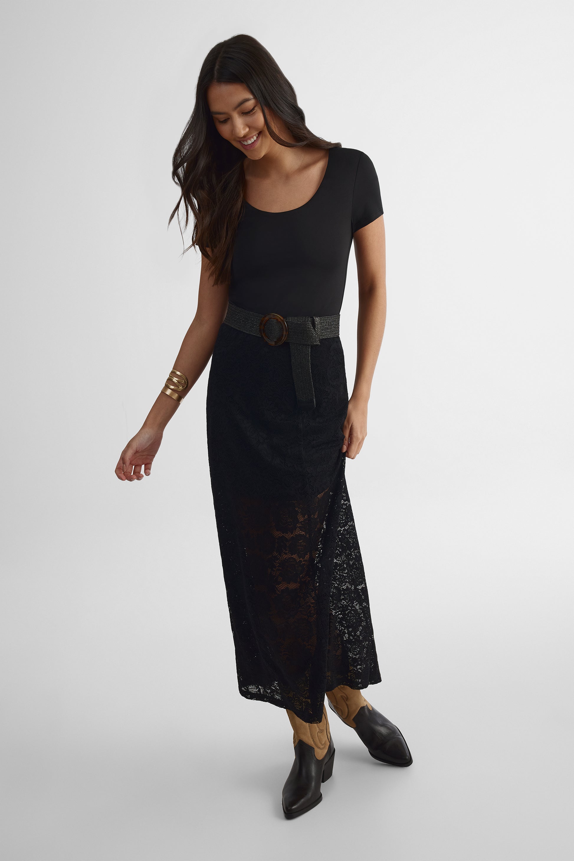 Jupe maxi taille élastique en polyamide - Femme && NOIR